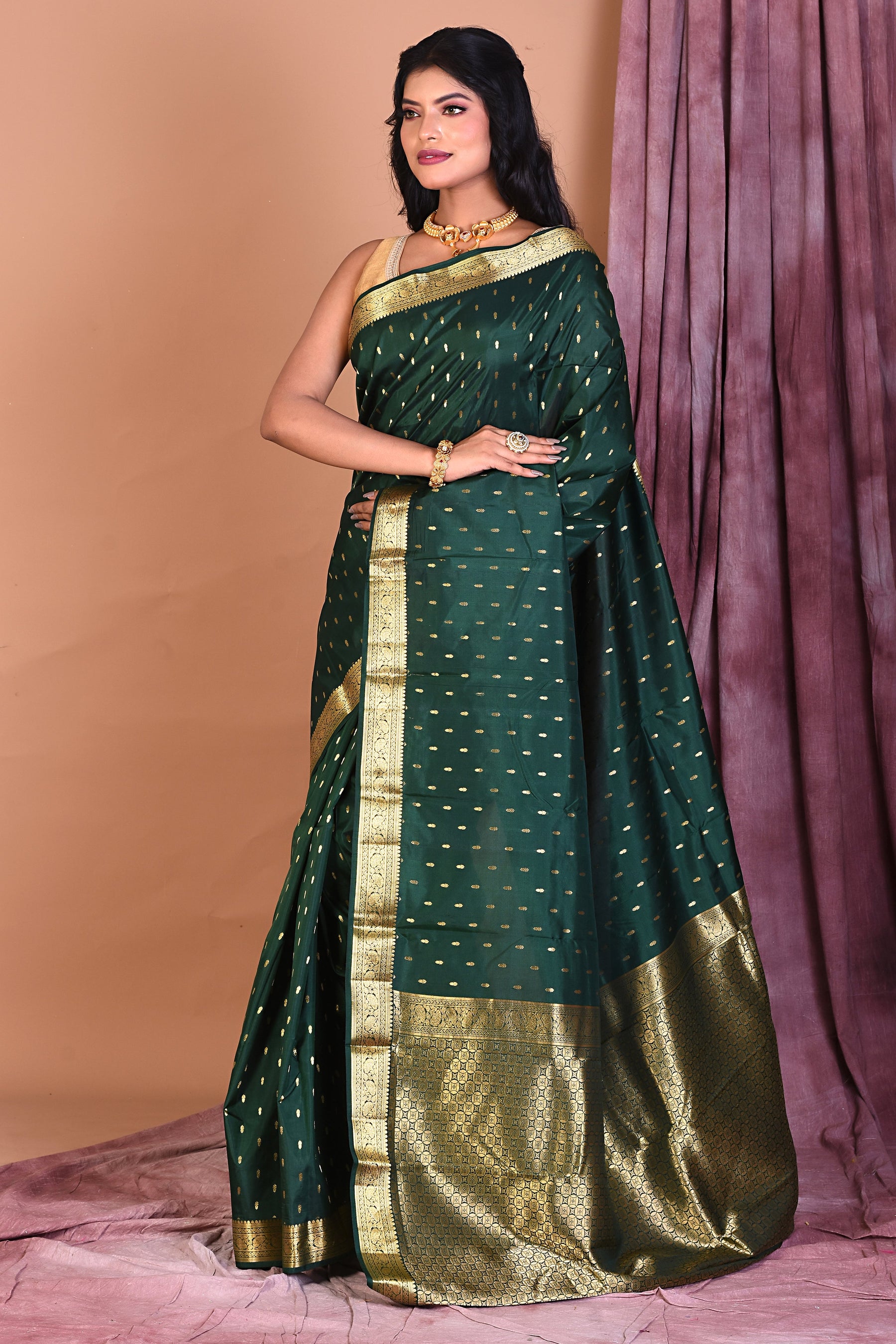 Bottle Green Pure Kanjivaram Saree with Golden Zari - Keya Seth Exclusive