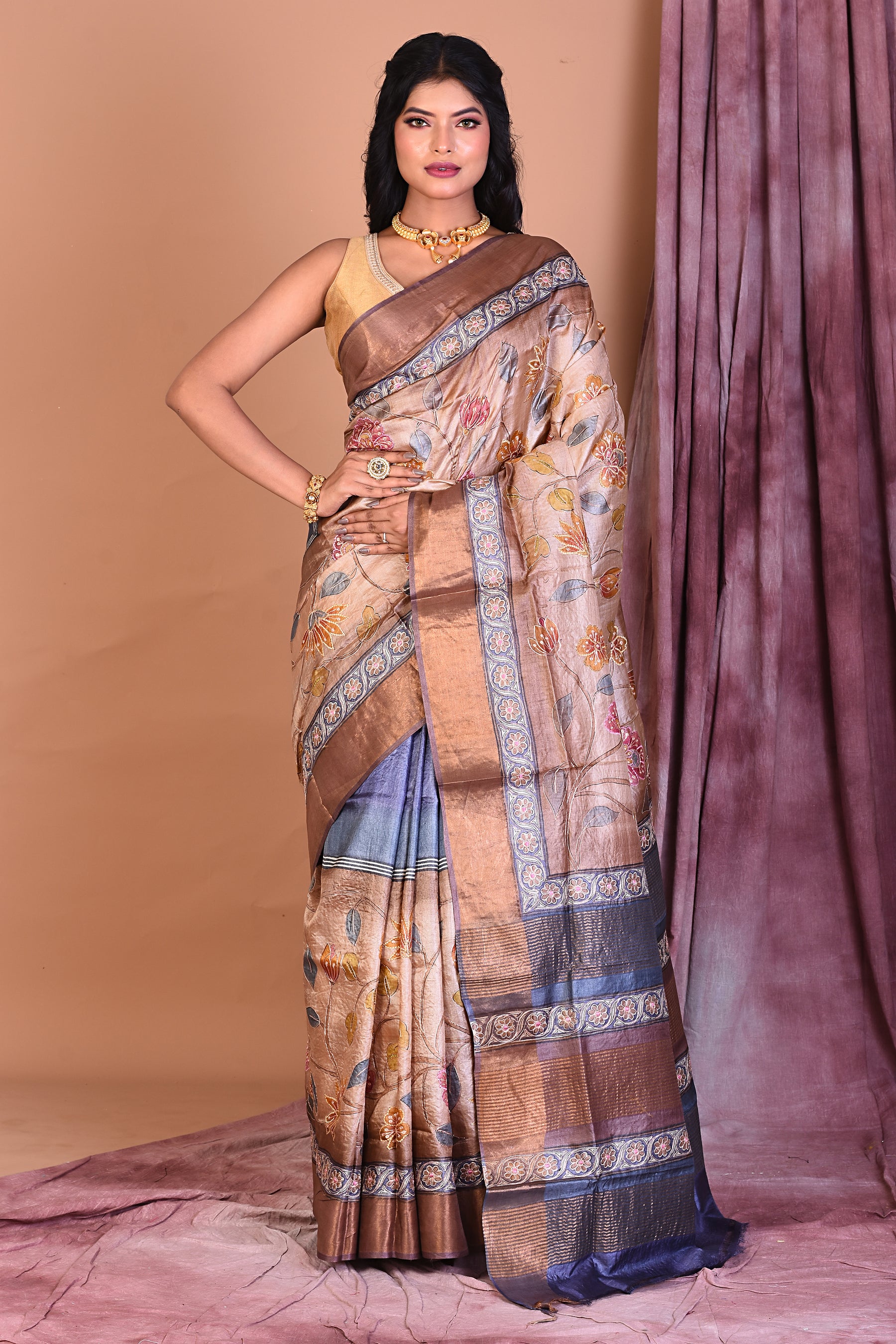 Light Brown Pure Tussar Saree - Keya Seth Exclusive