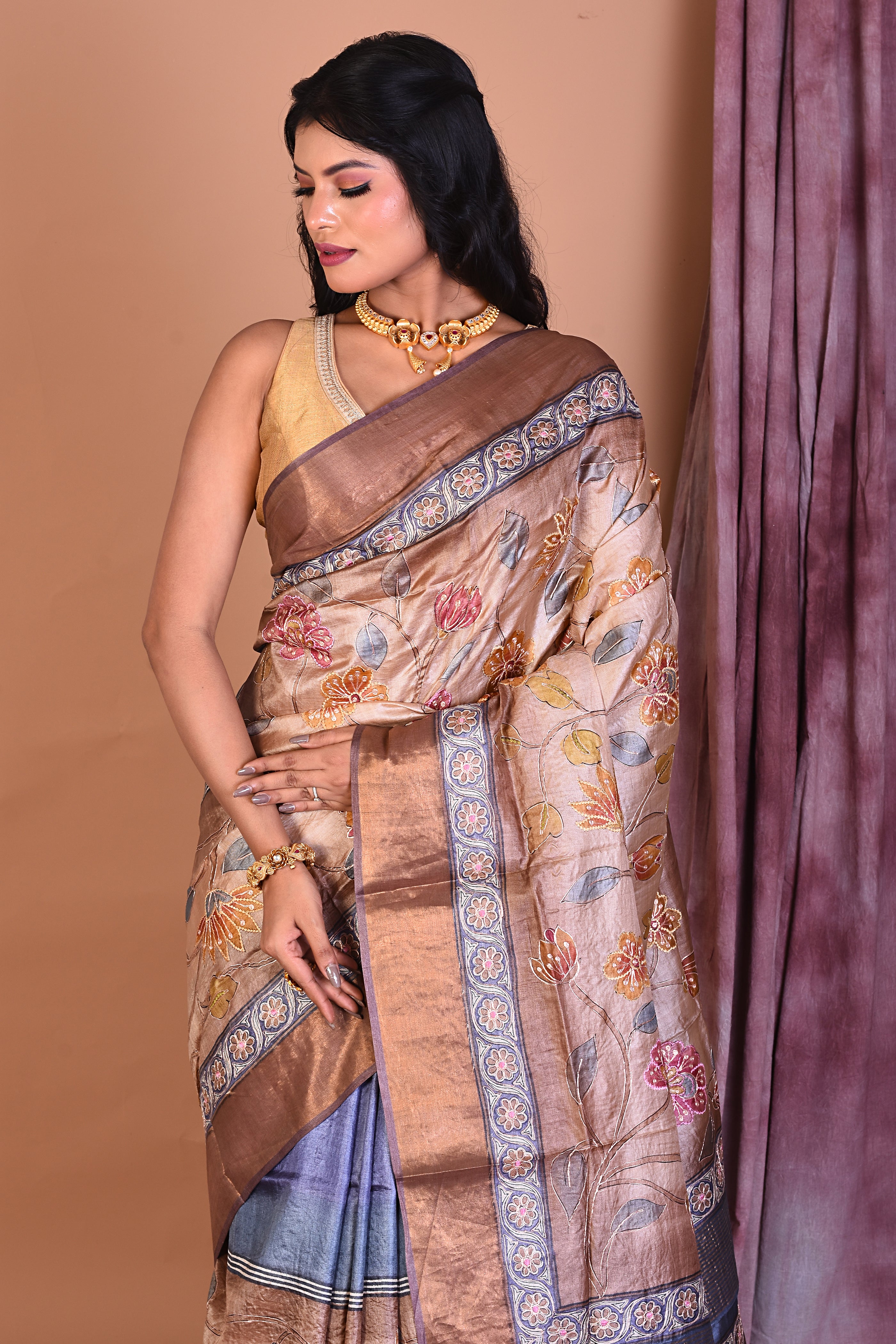 Light Brown Pure Tussar Saree - Keya Seth Exclusive