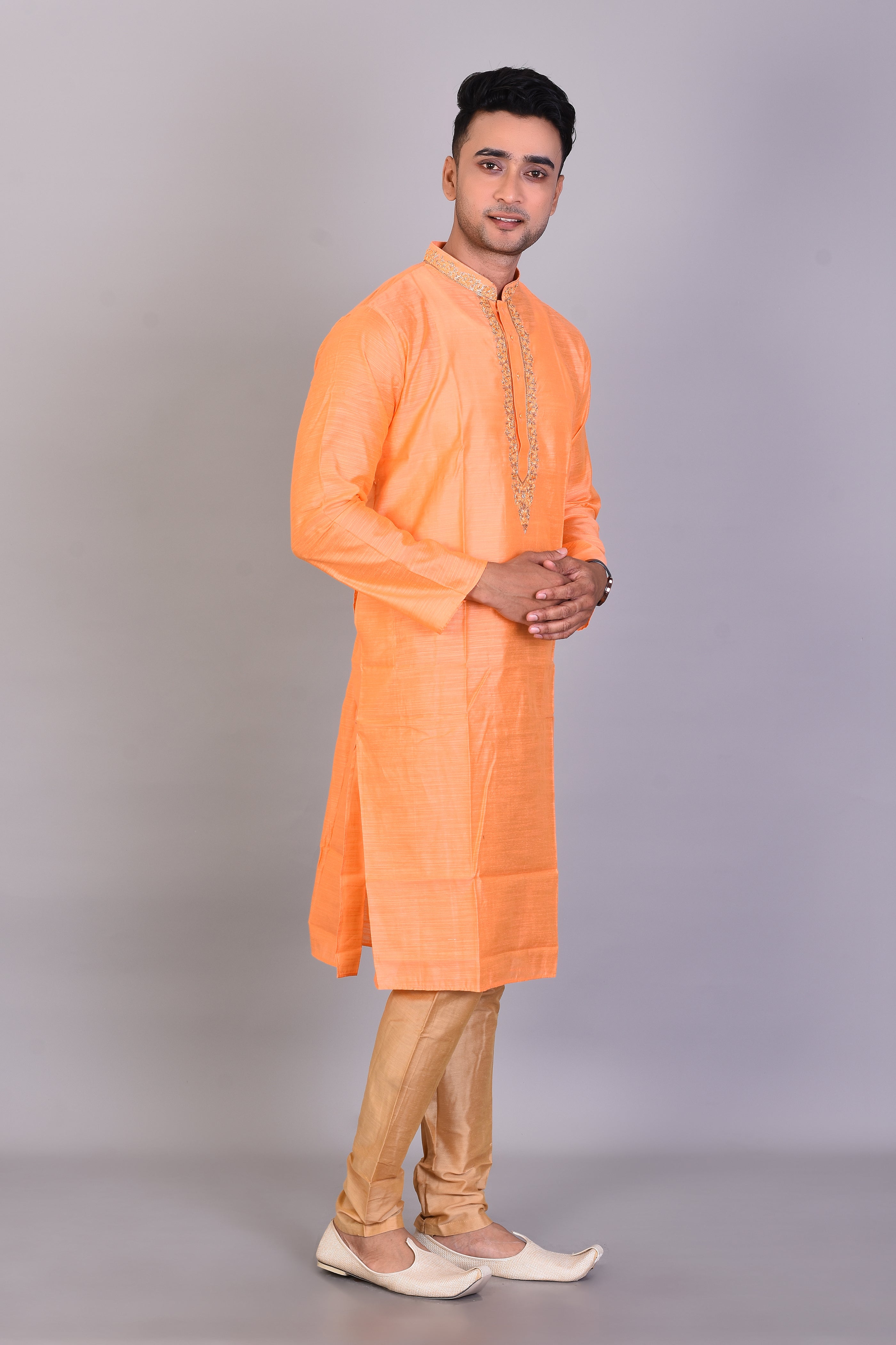 Long Cream Silk Kurta with Full Sleeves - Keya Seth Exclusive