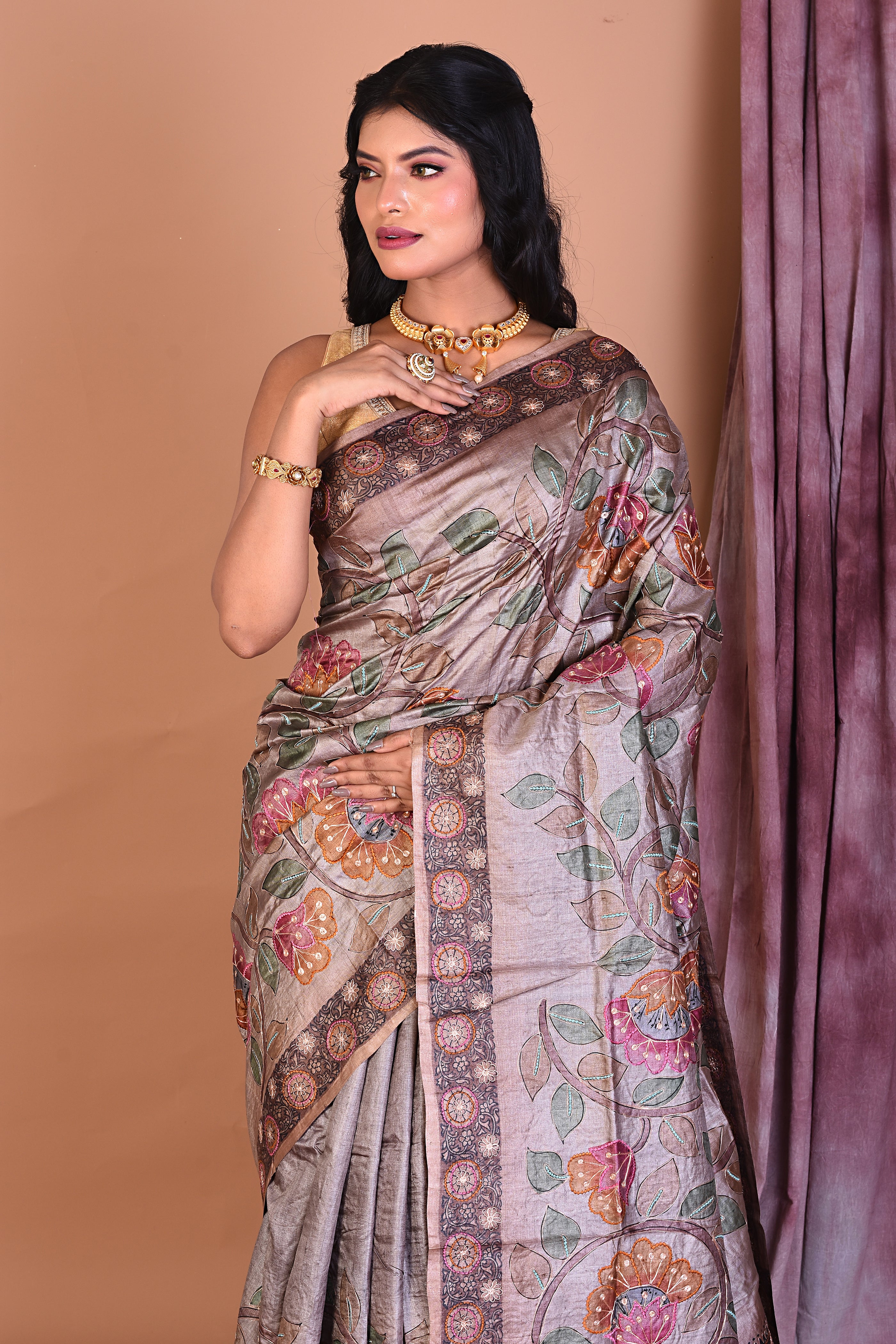 Light Brown Pure Tussar Saree - Keya Seth Exclusive