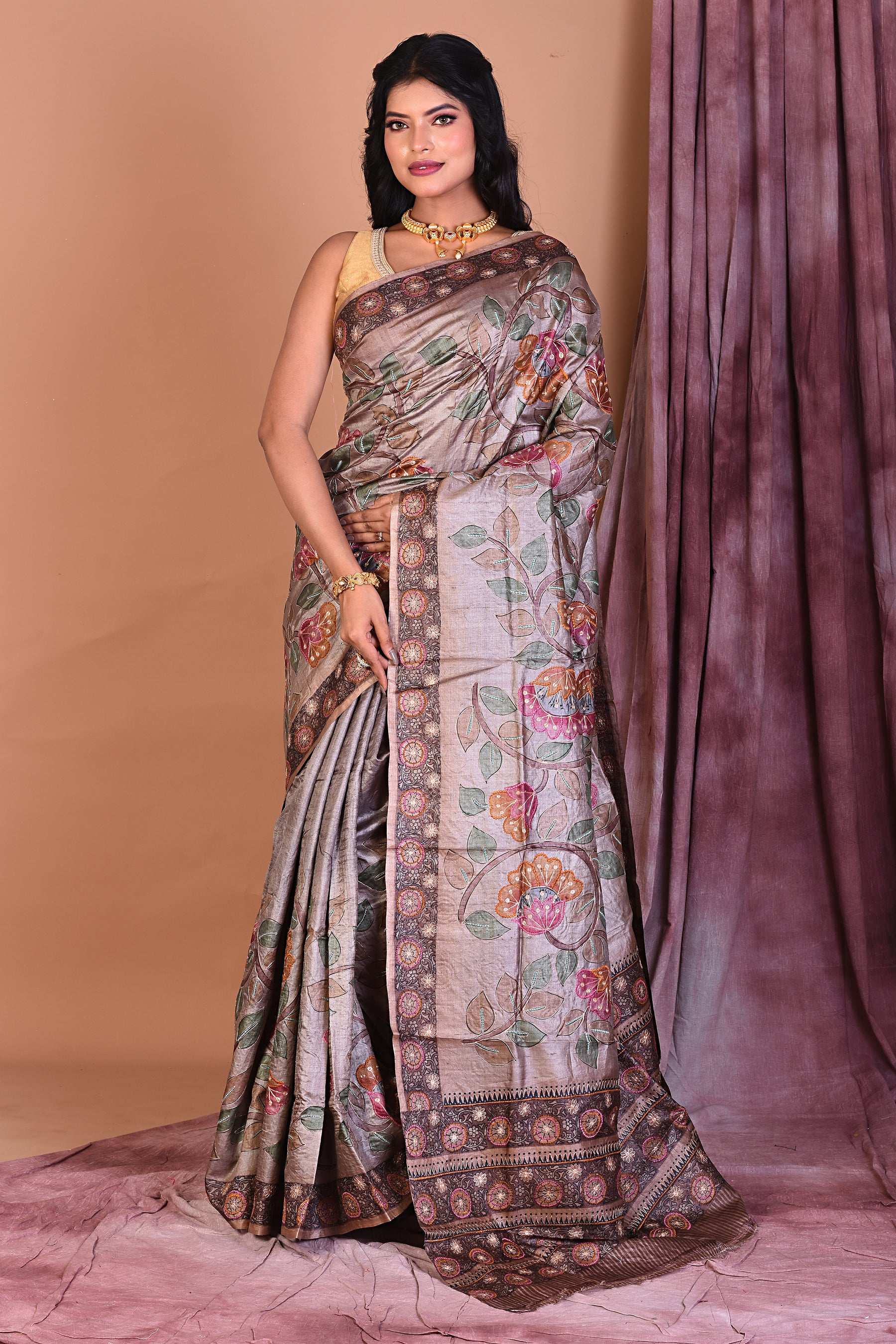 Light Brown Pure Tussar Saree - Keya Seth Exclusive