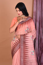 Load image into Gallery viewer, Peach Blended Ghicha Saree with Threadwork - Keya Seth Exclusive
