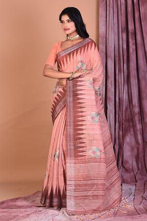 Peach Blended Ghicha Saree with Threadwork - Keya Seth Exclusive