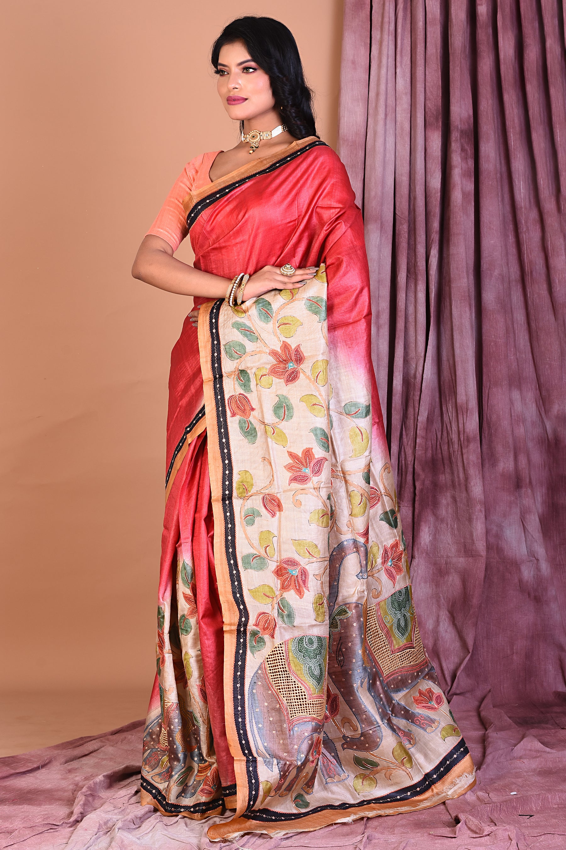 Light Red Pure Tussar Saree - Keya Seth Exclusive