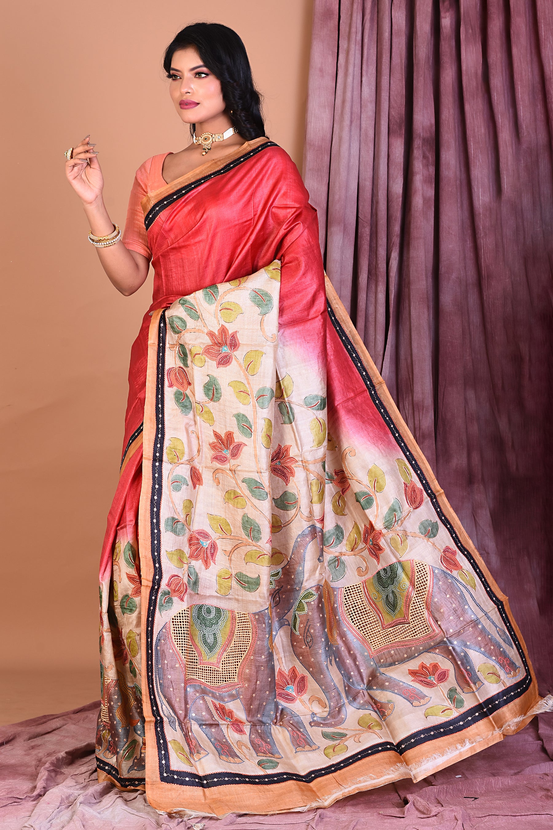 Light Red Pure Tussar Saree - Keya Seth Exclusive