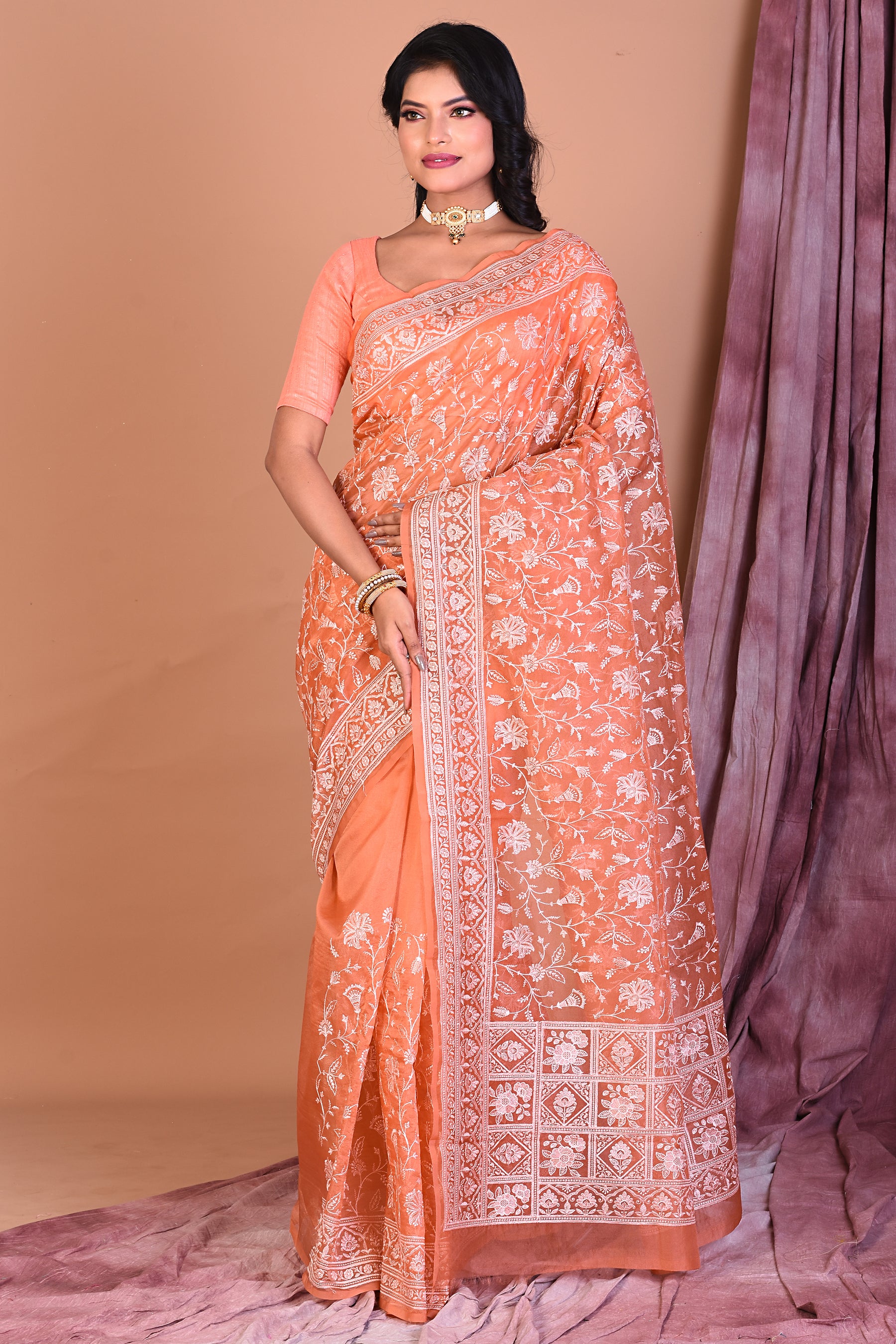 Orange Blended Organza Saree with Threadwork - Keya Seth Exclusive