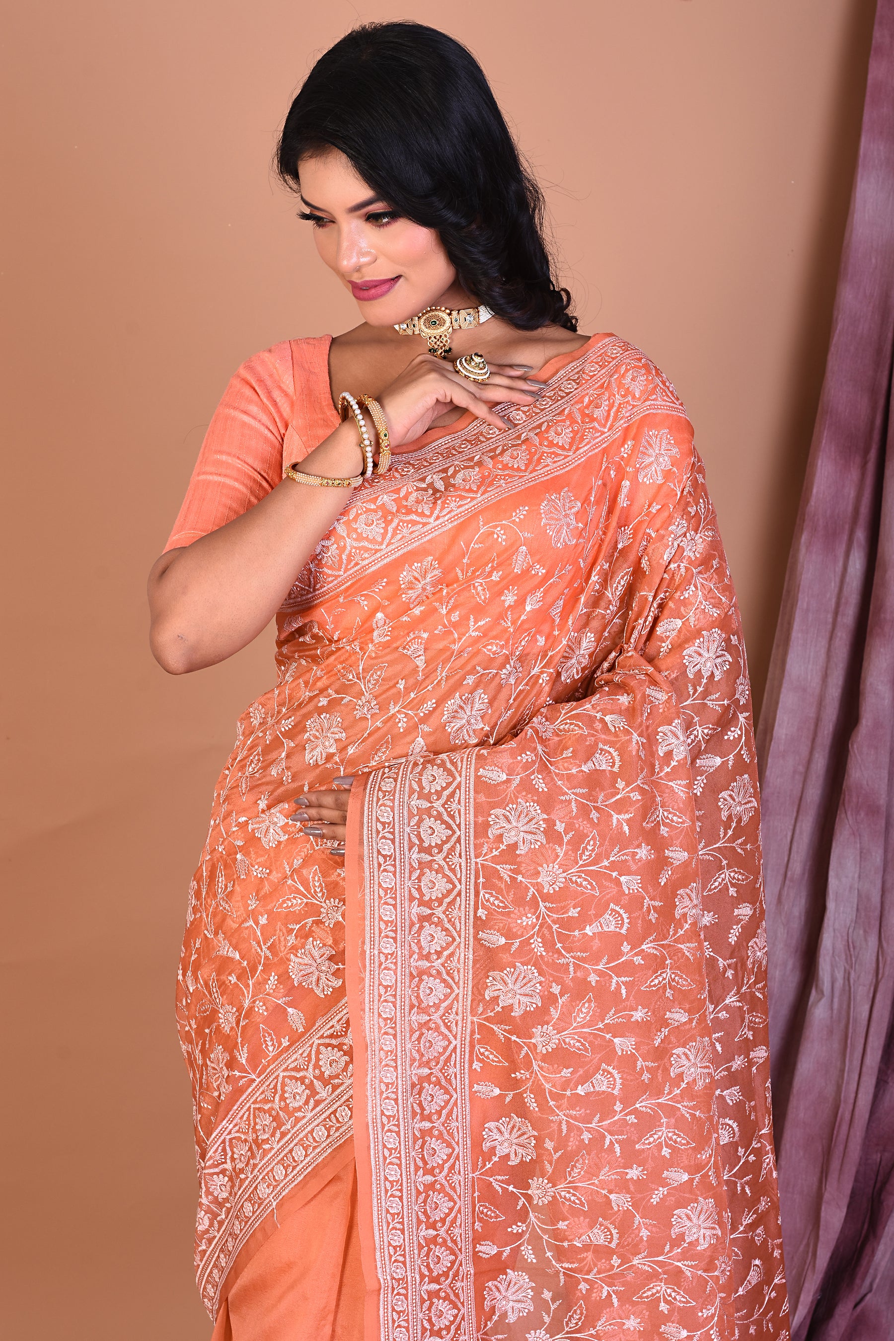 Orange Blended Organza Saree with Threadwork - Keya Seth Exclusive