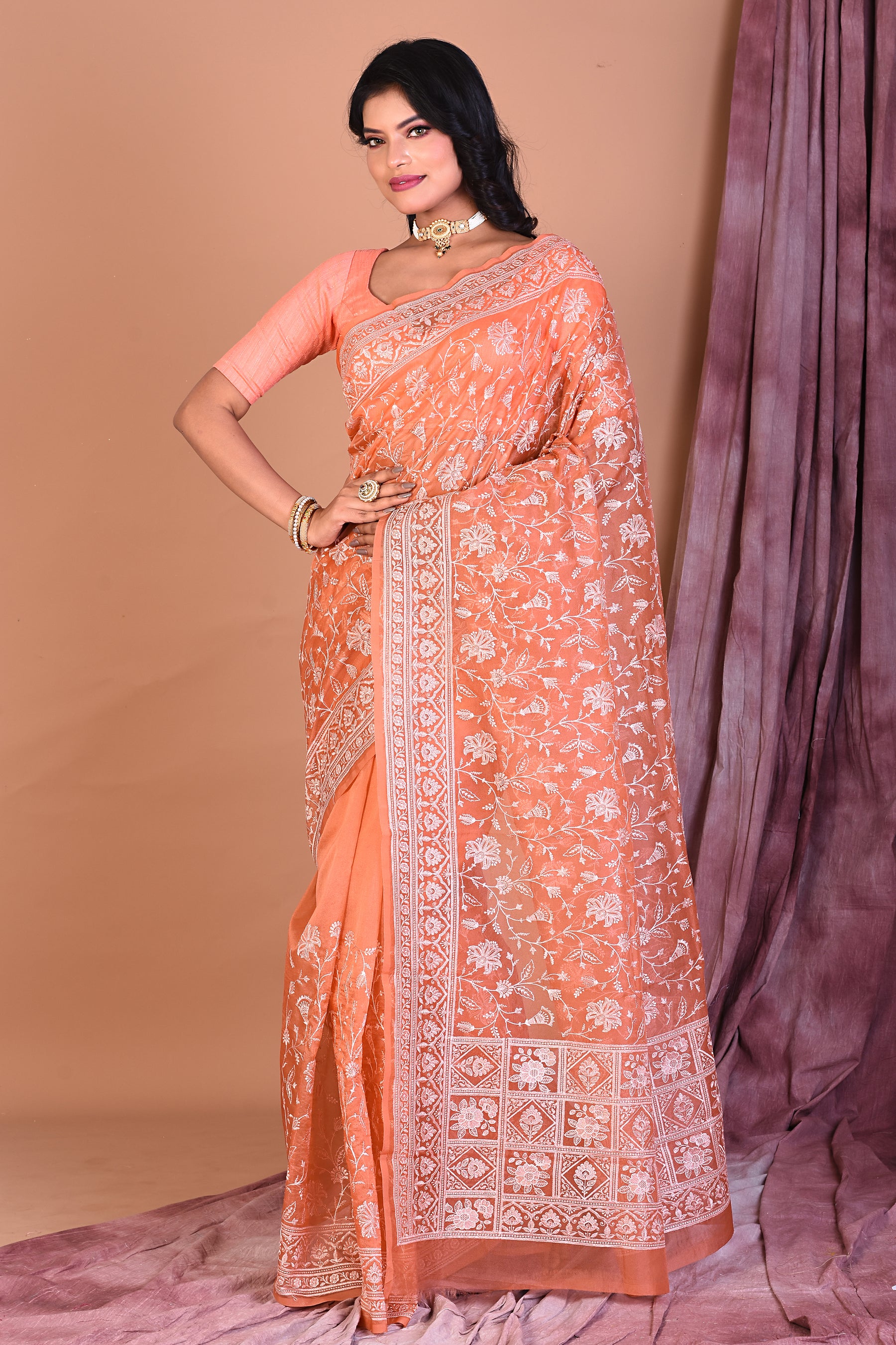 Orange Blended Organza Saree with Threadwork - Keya Seth Exclusive