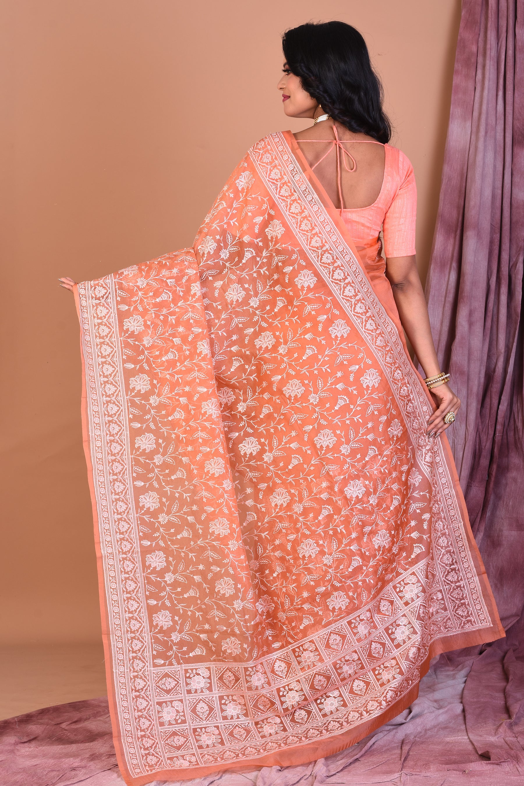 Orange Blended Organza Saree with Threadwork - Keya Seth Exclusive