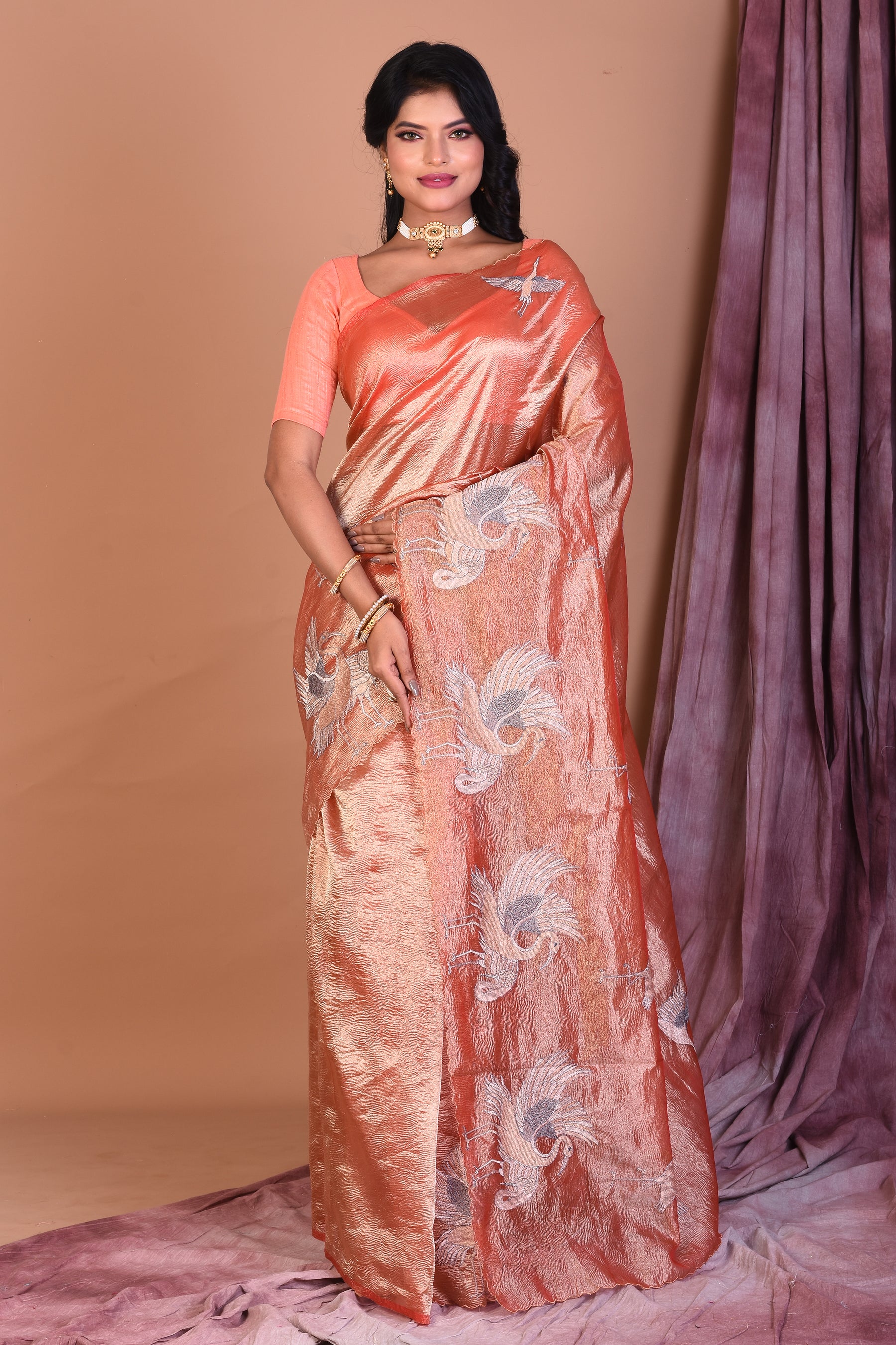 Orange Crushed Tissue Saree with Golden Zari - Keya Seth Exclusive