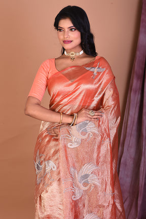 Orange Crushed Tissue Saree with Golden Zari - Keya Seth Exclusive