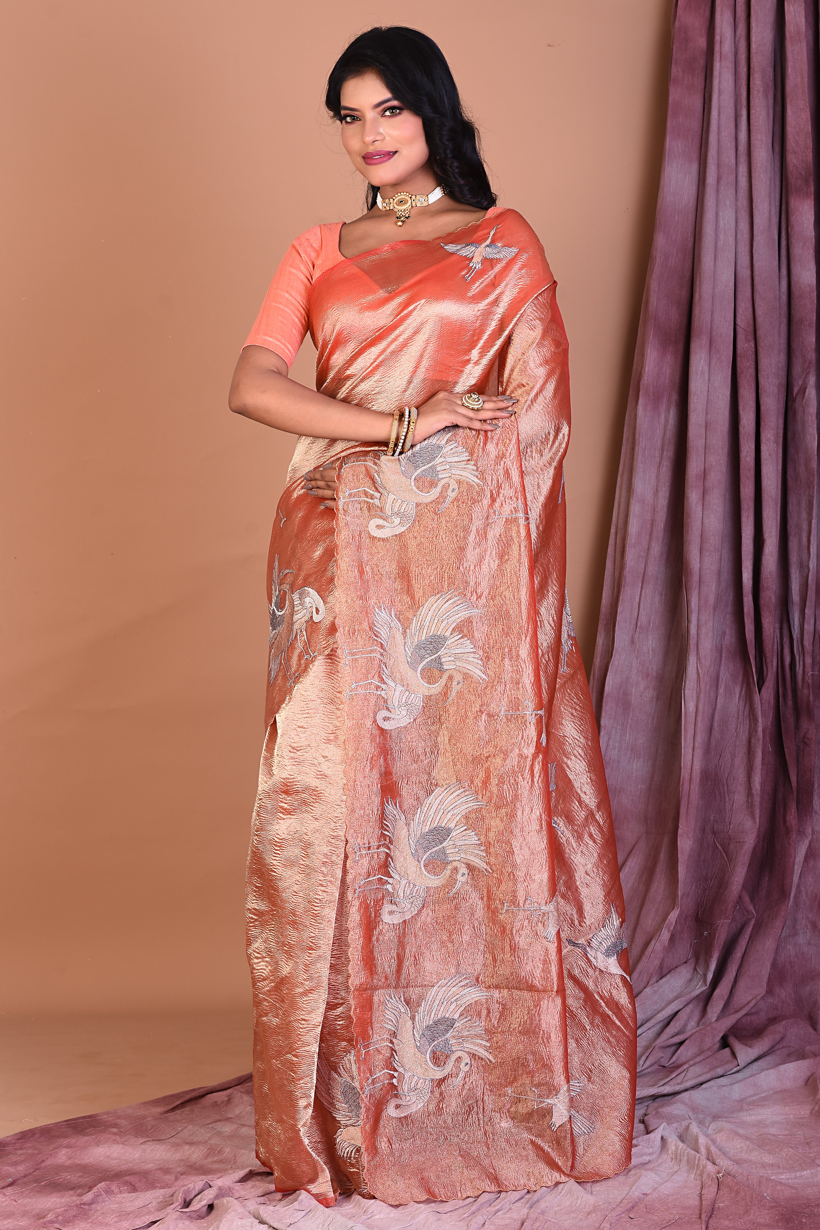 Orange Crushed Tissue Saree with Golden Zari - Keya Seth Exclusive