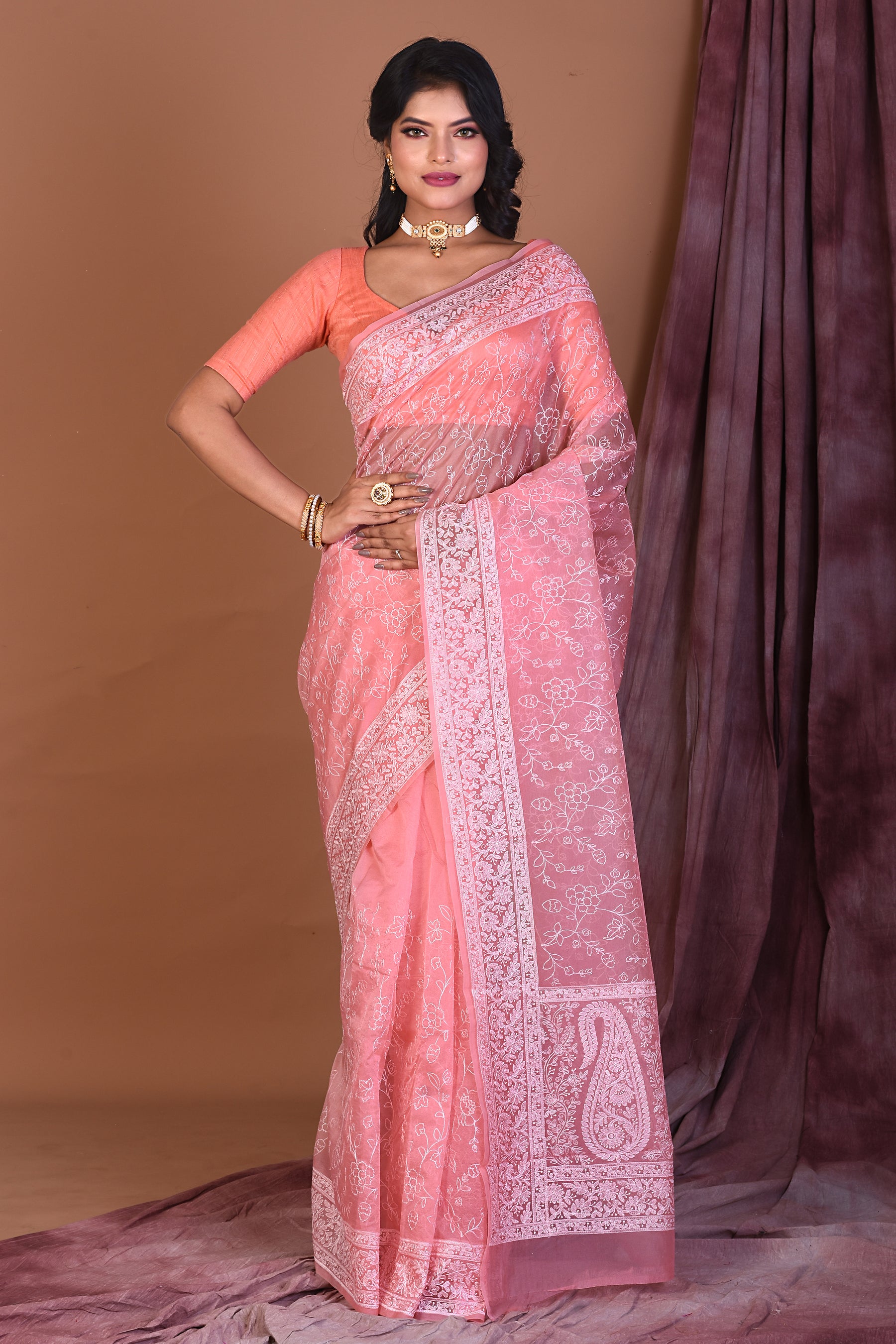 Baby Pink Blended Organza Saree with Threadwork - Keya Seth Exclusive