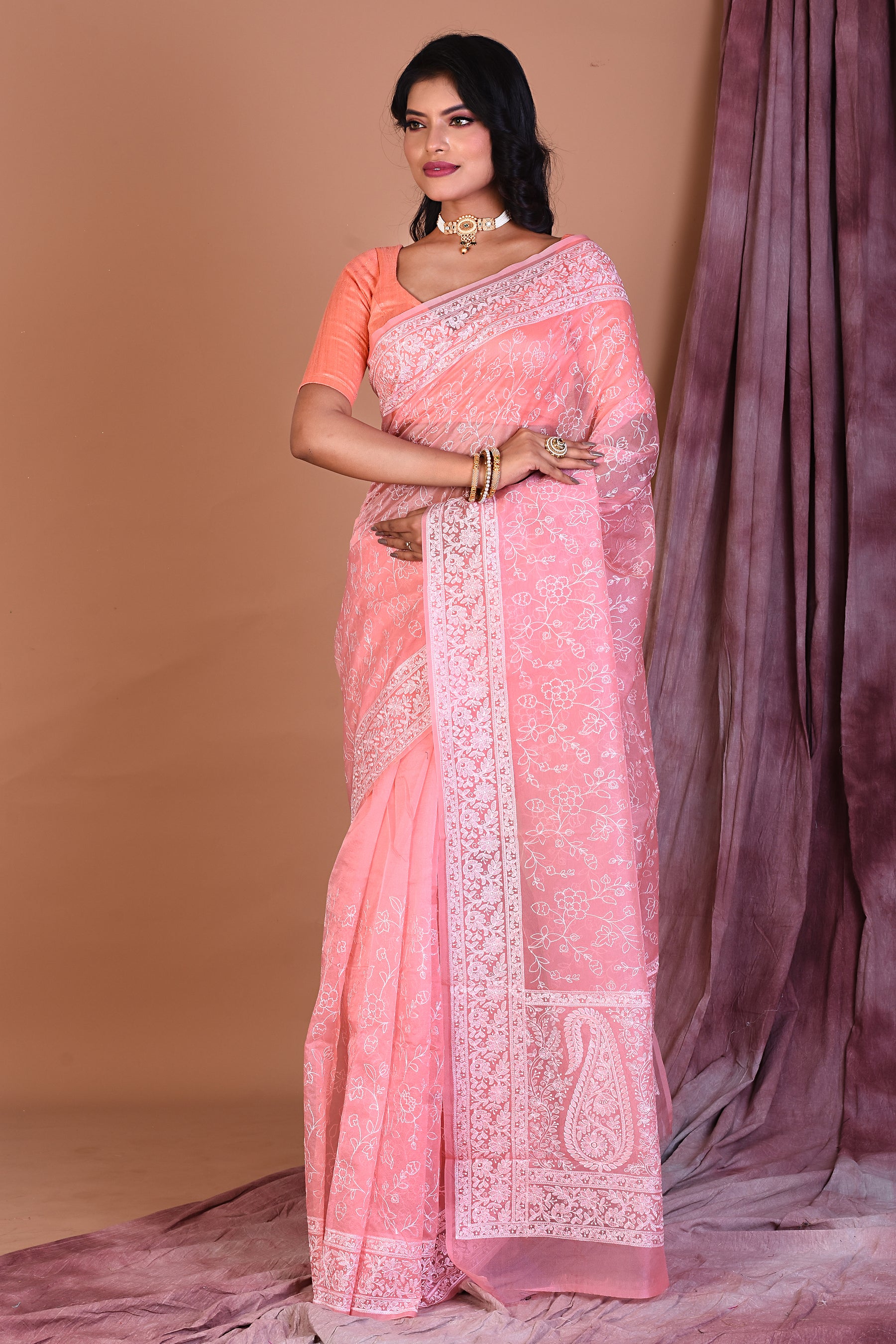 Baby Pink Blended Organza Saree with Threadwork - Keya Seth Exclusive