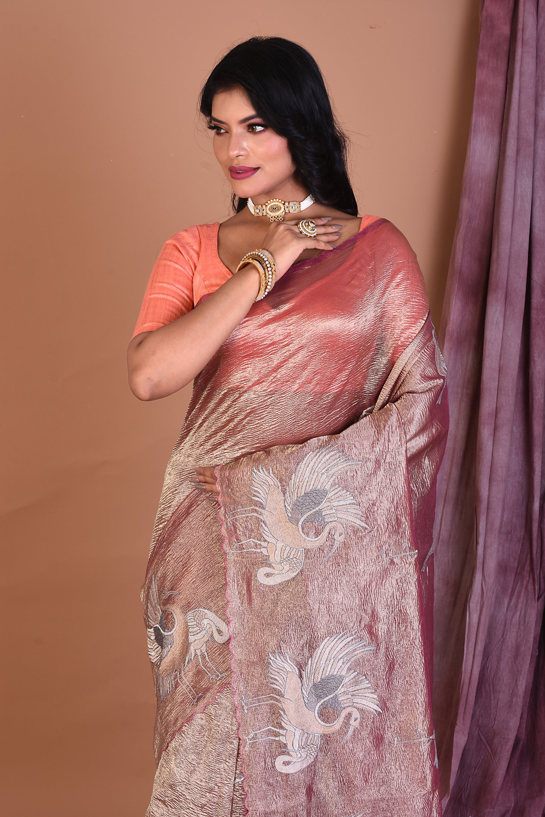 Pink Crushed Tissue Saree with Golden Zari - Keya Seth Exclusive