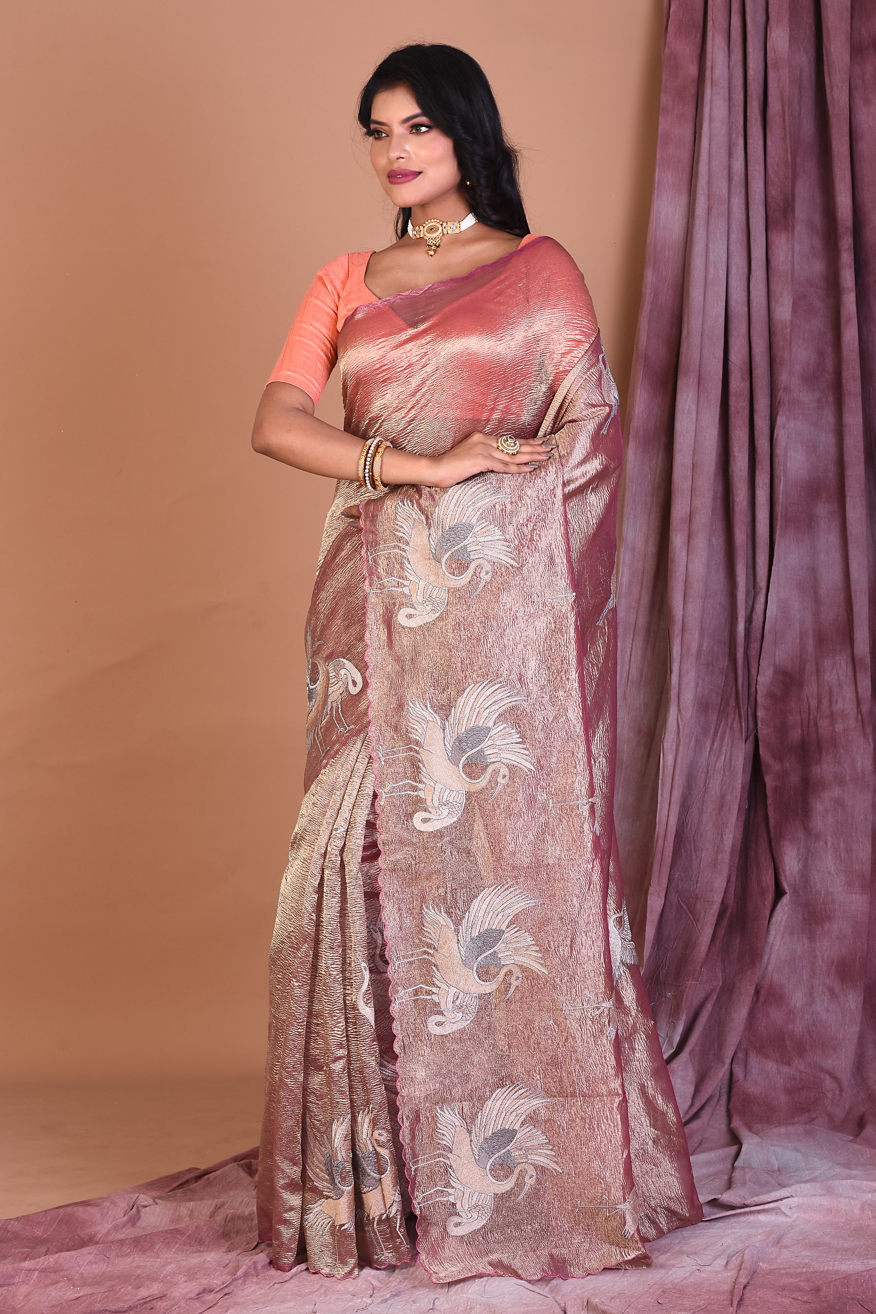 Pink Crushed Tissue Saree with Golden Zari - Keya Seth Exclusive