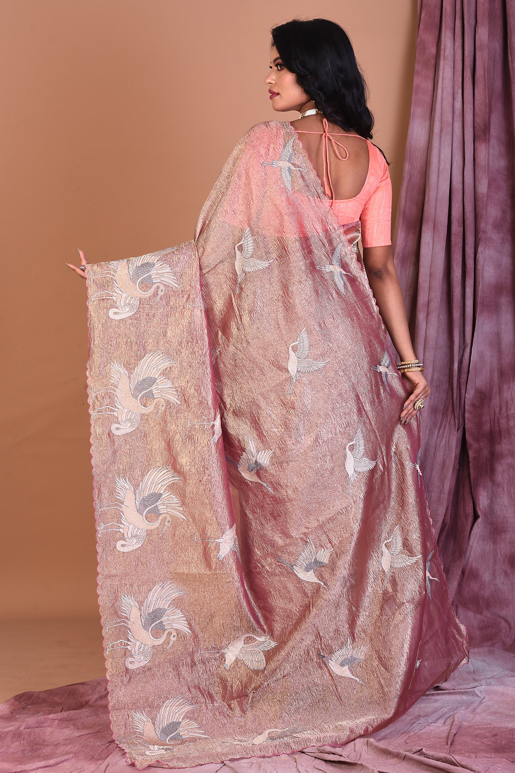 Pink Crushed Tissue Saree with Golden Zari - Keya Seth Exclusive