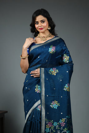 Blue Blended Silk Saree