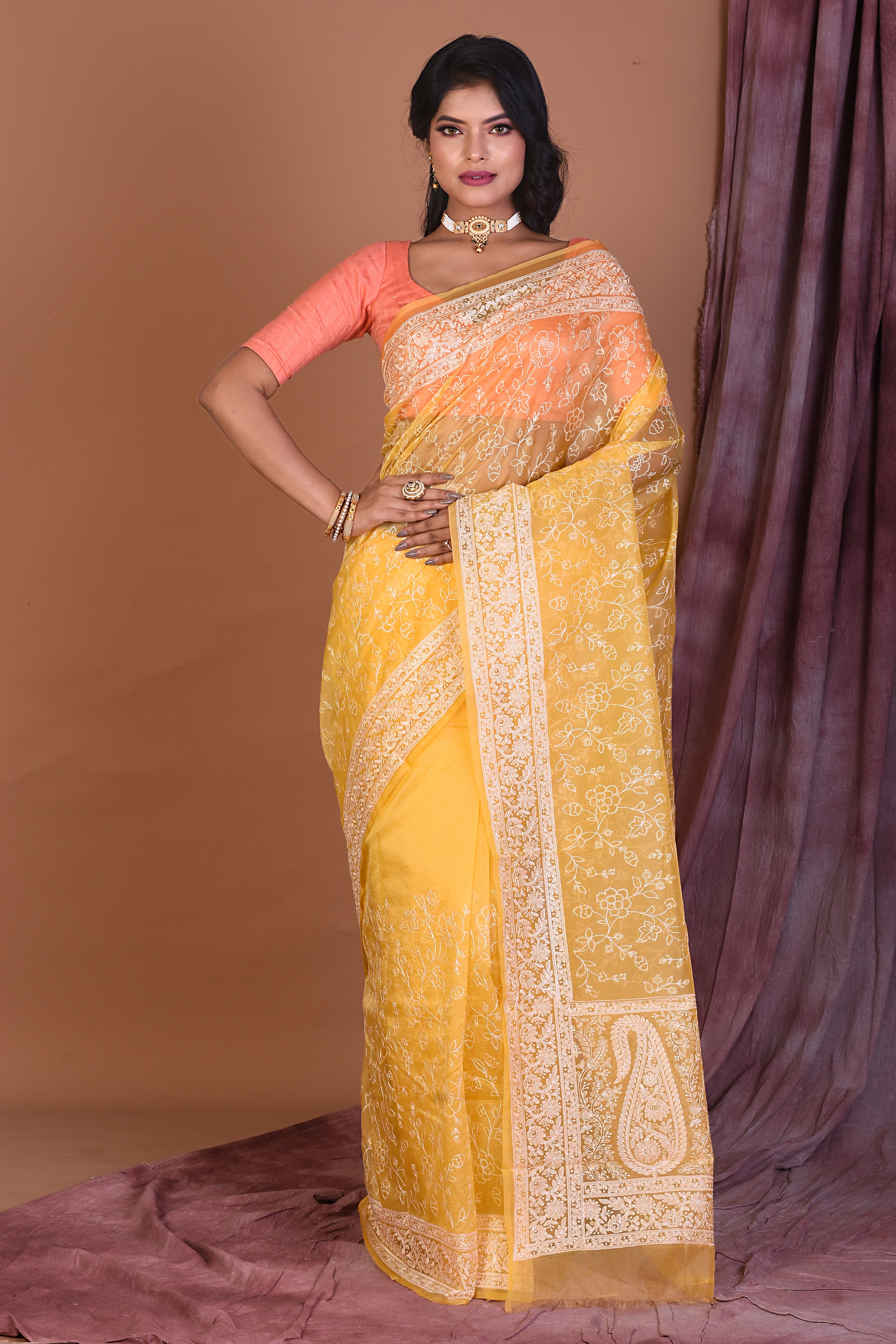 Light Yellow Blended Organza Saree with Threadwork - Keya Seth Exclusive