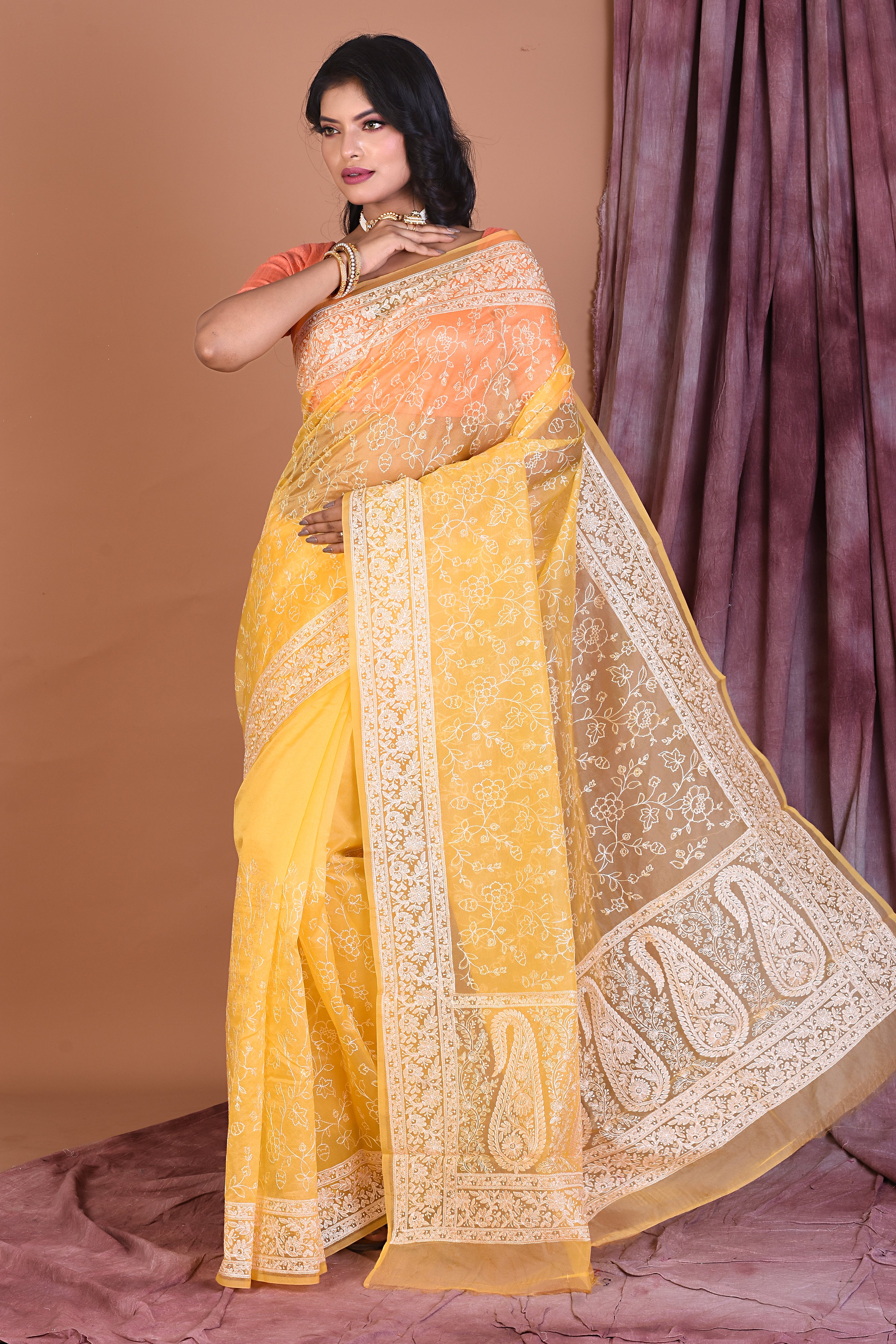 Light Yellow Blended Organza Saree with Threadwork - Keya Seth Exclusive