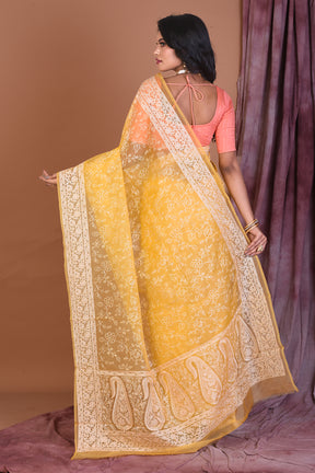 Light Yellow Blended Organza Saree with Threadwork - Keya Seth Exclusive