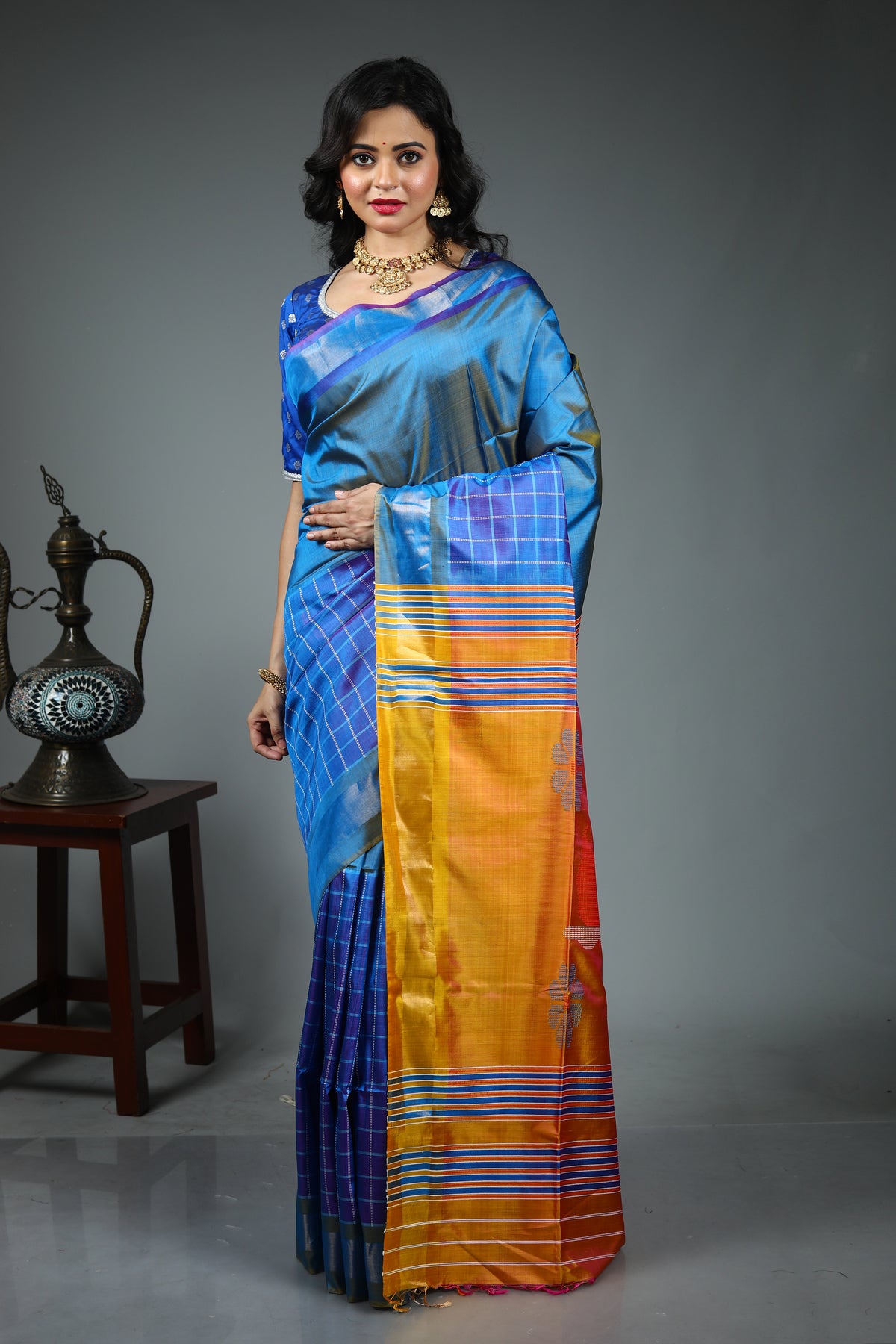 Blue Pure Checkered Kanjivaram Silk Saree
