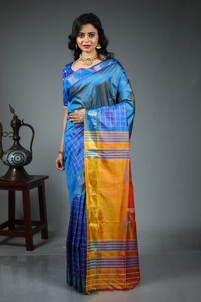 Blue Pure Checkered Kanjivaram Silk Saree