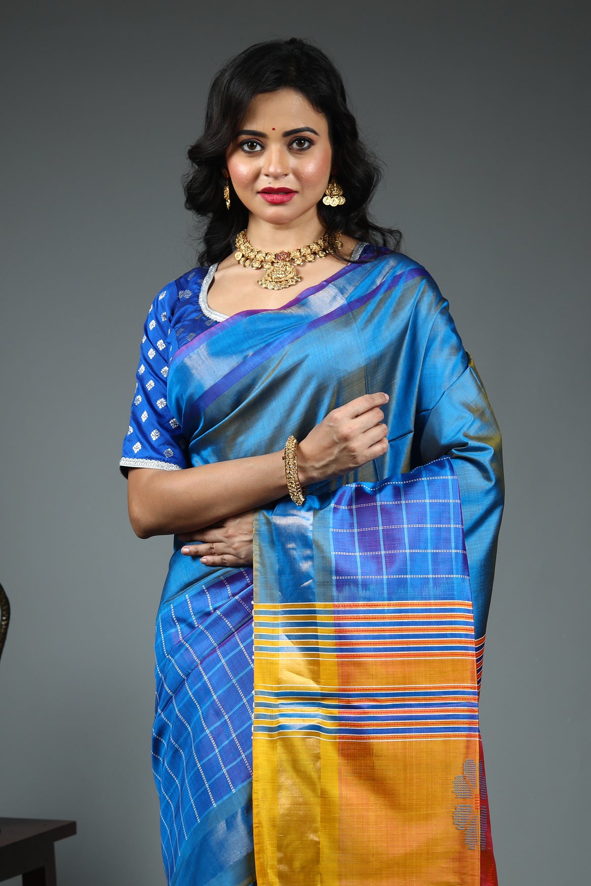 Blue Pure Checkered Kanjivaram Silk Saree