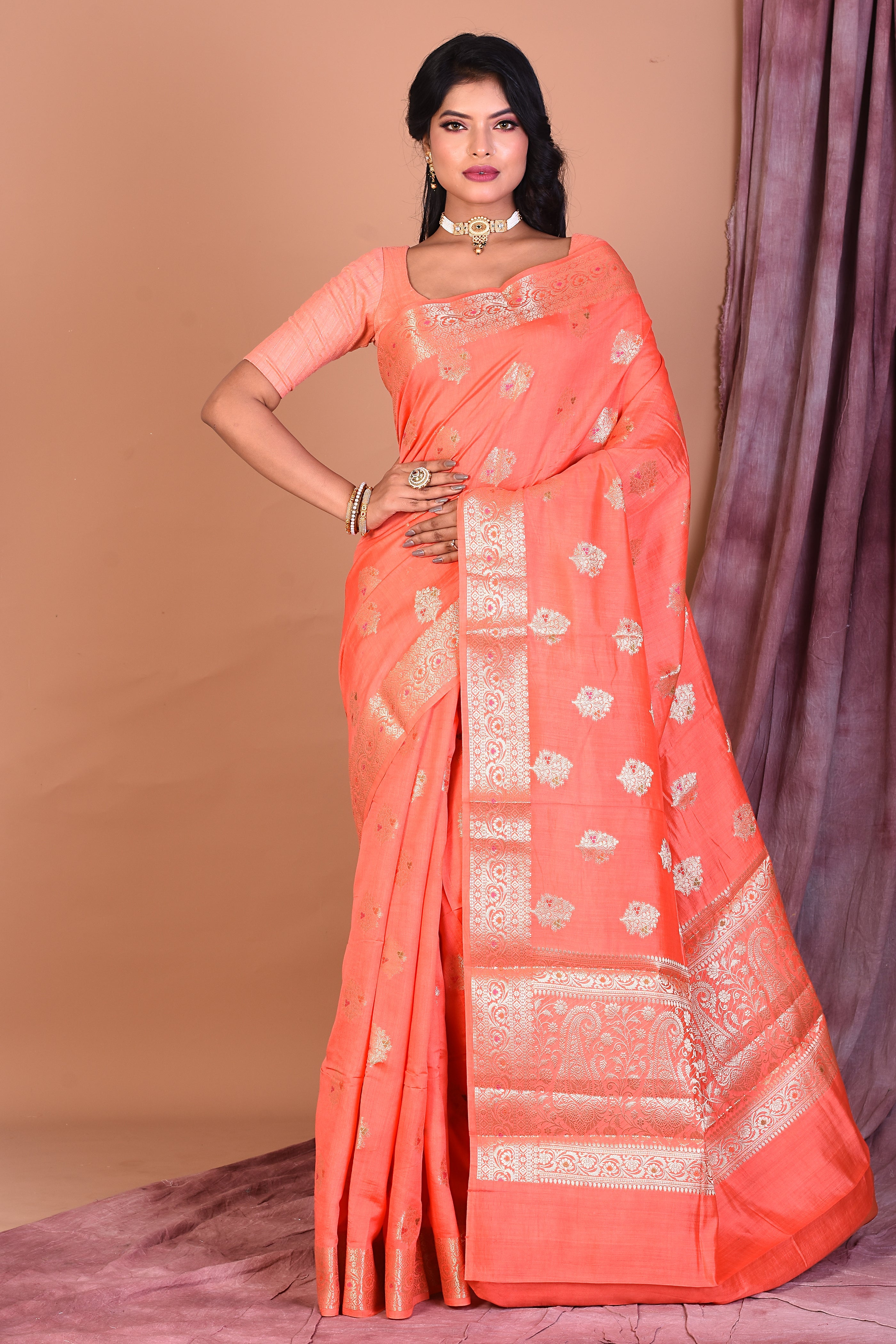 Peach Pure Chiniya Silk Saree with Golden Zari - Keya Seth Exclusive