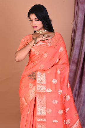 Peach Pure Chiniya Silk Saree with Golden Zari - Keya Seth Exclusive