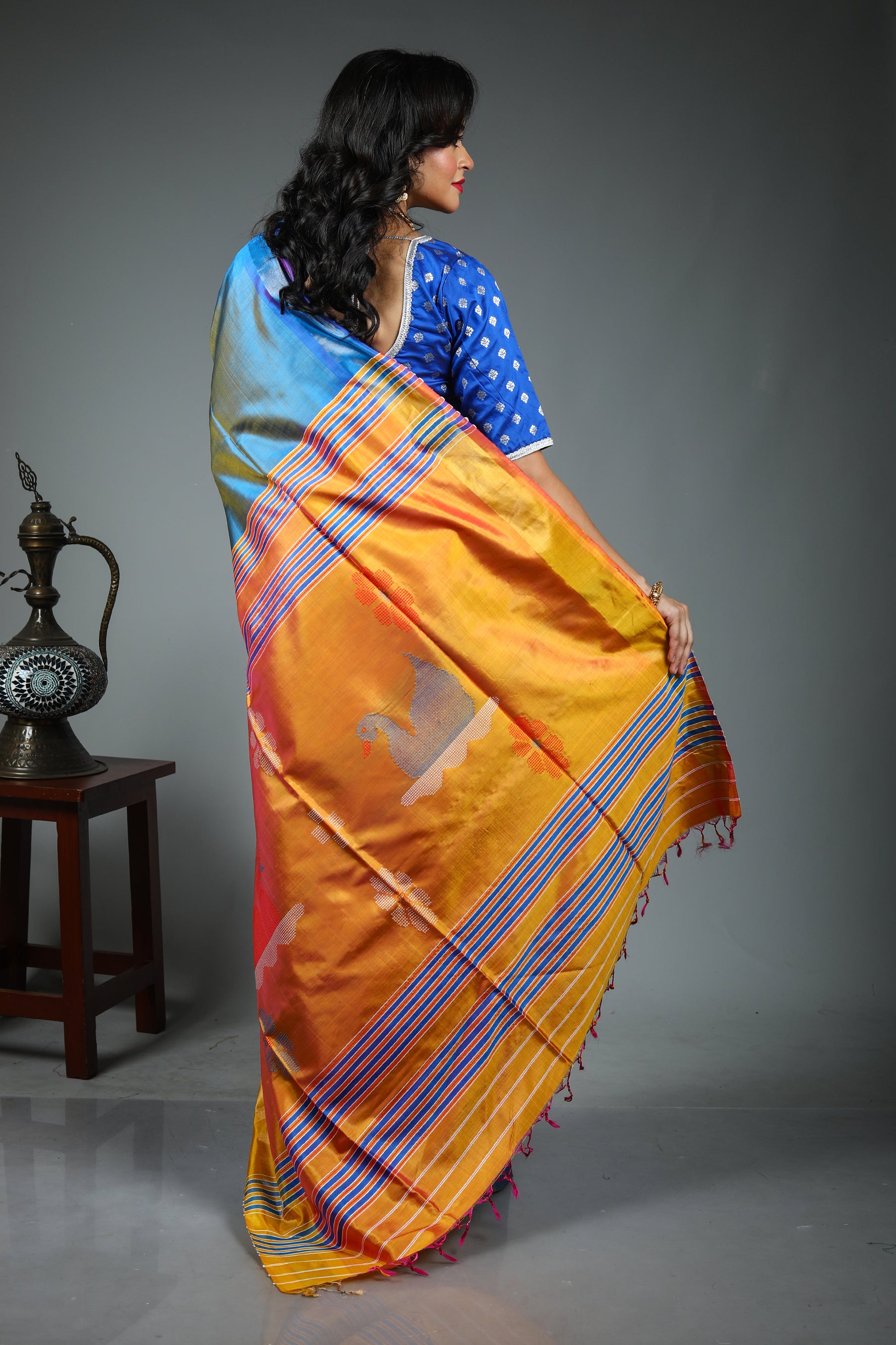 Blue Pure Checkered Kanjivaram Silk Saree