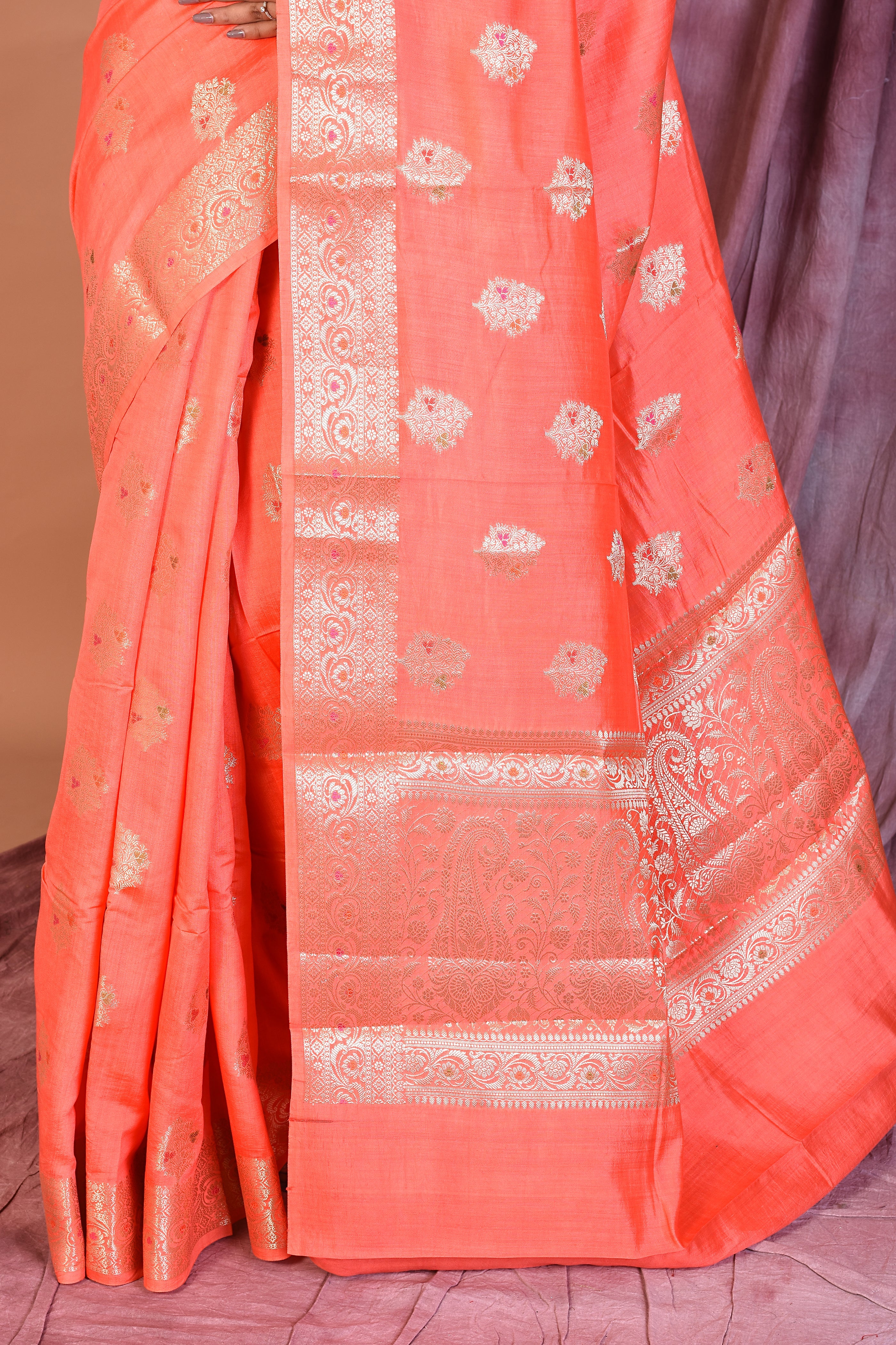 Peach Pure Chiniya Silk Saree with Golden Zari - Keya Seth Exclusive