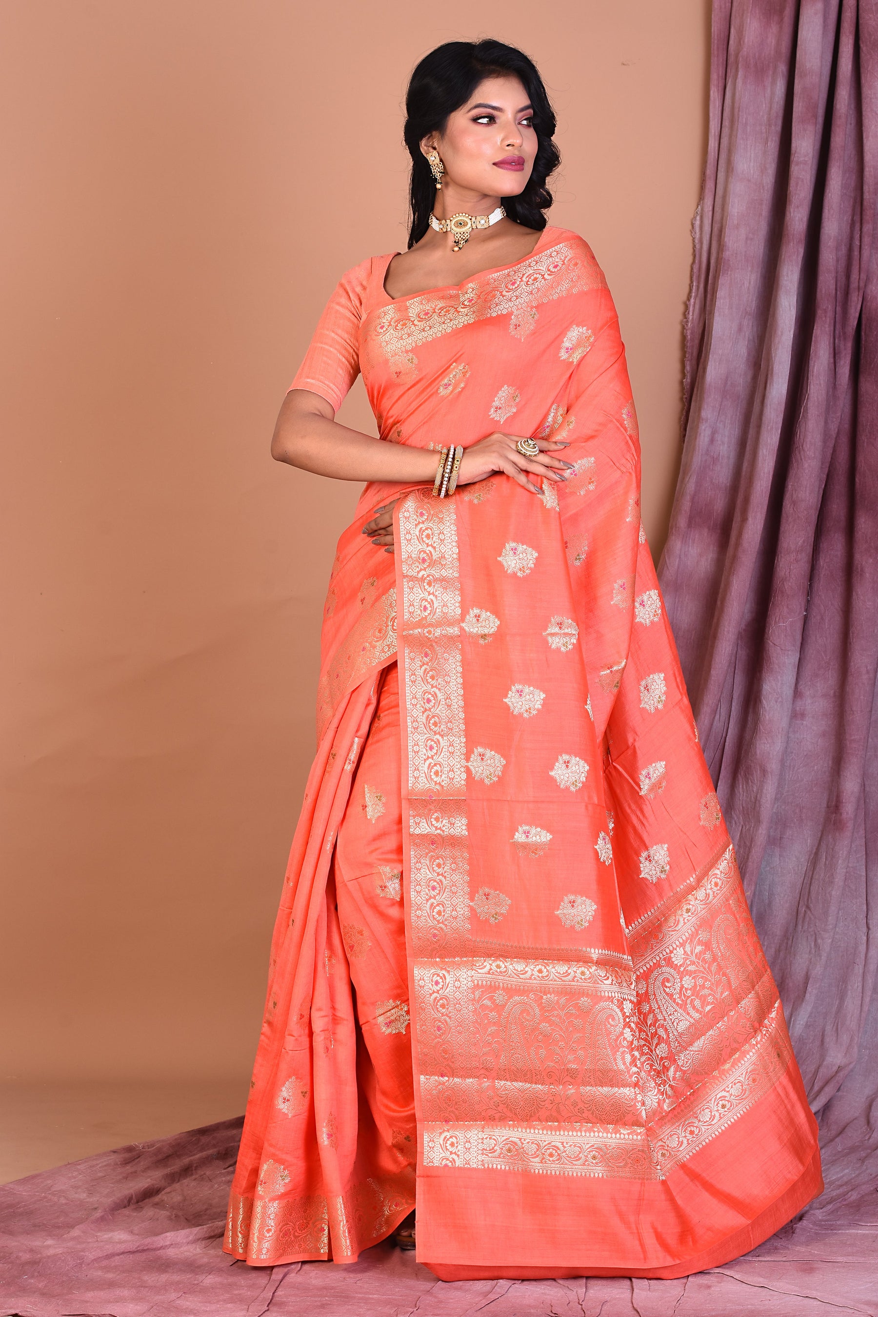 Peach Pure Chiniya Silk Saree with Golden Zari - Keya Seth Exclusive