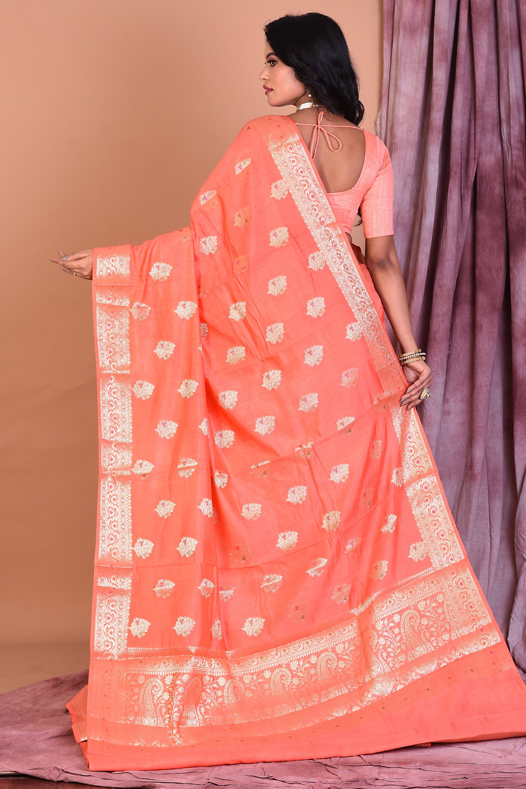 Peach Pure Chiniya Silk Saree with Golden Zari - Keya Seth Exclusive