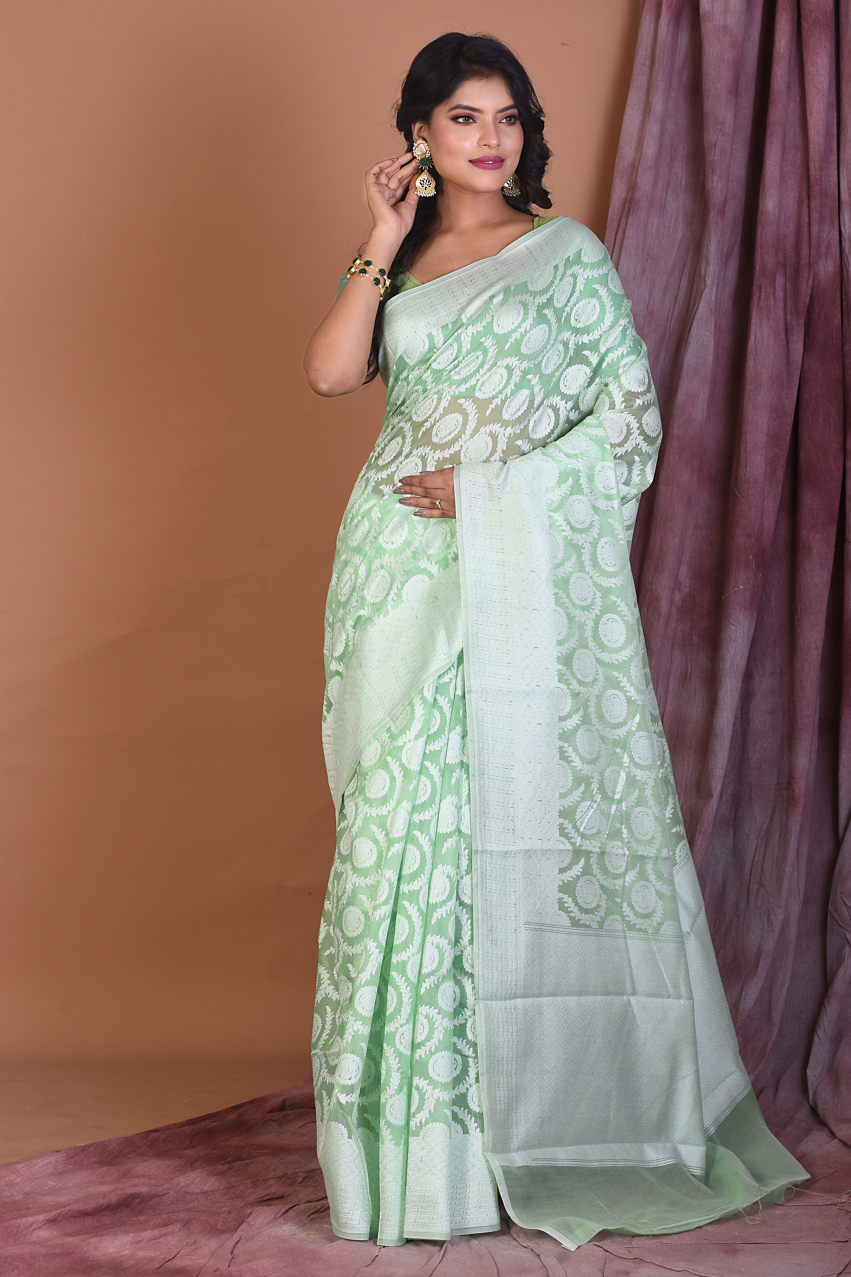 Light Green Blended Dhakai Banarasi Saree - Keya Seth Exclusive