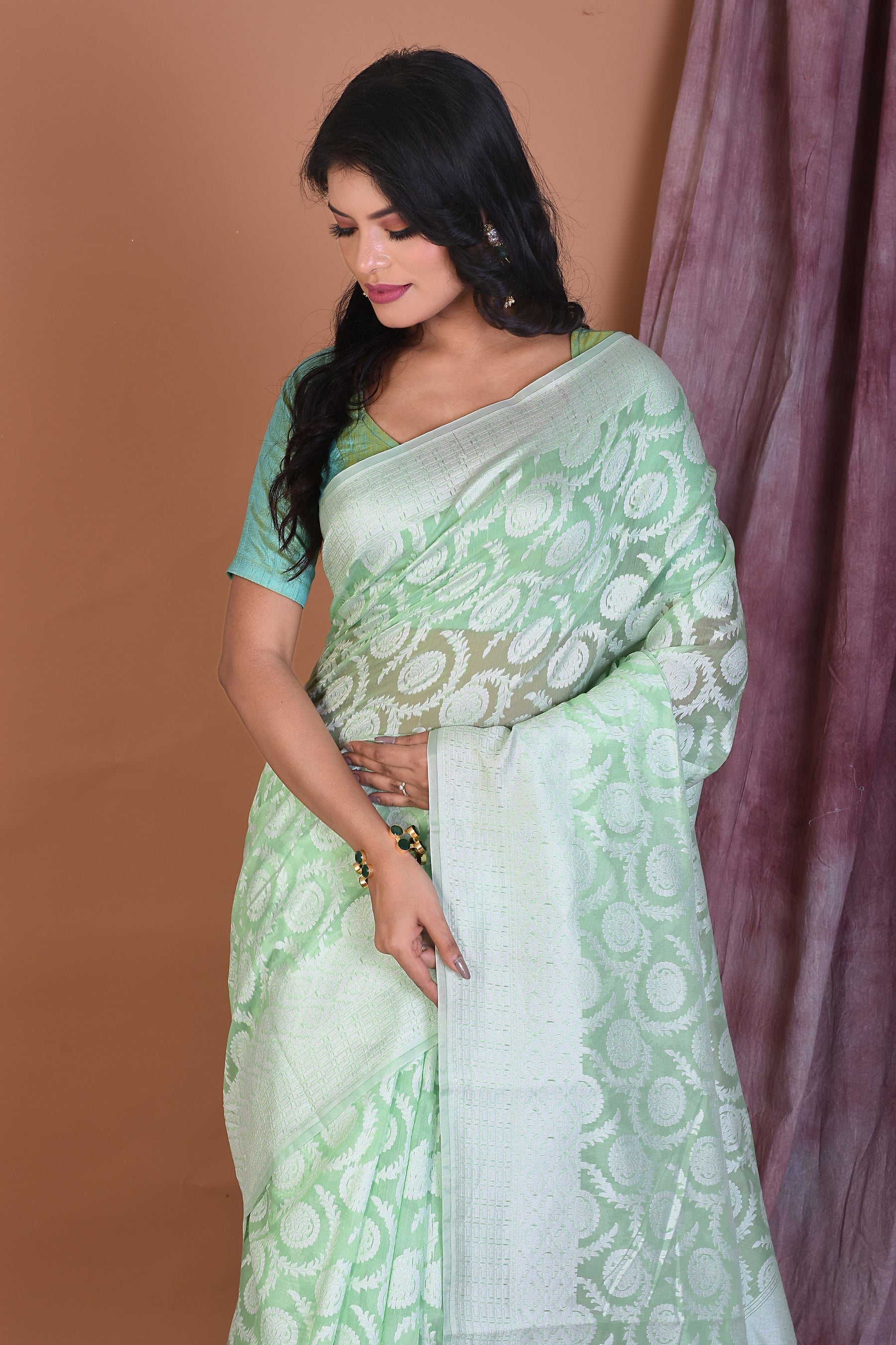 Light Green Blended Dhakai Banarasi Saree - Keya Seth Exclusive