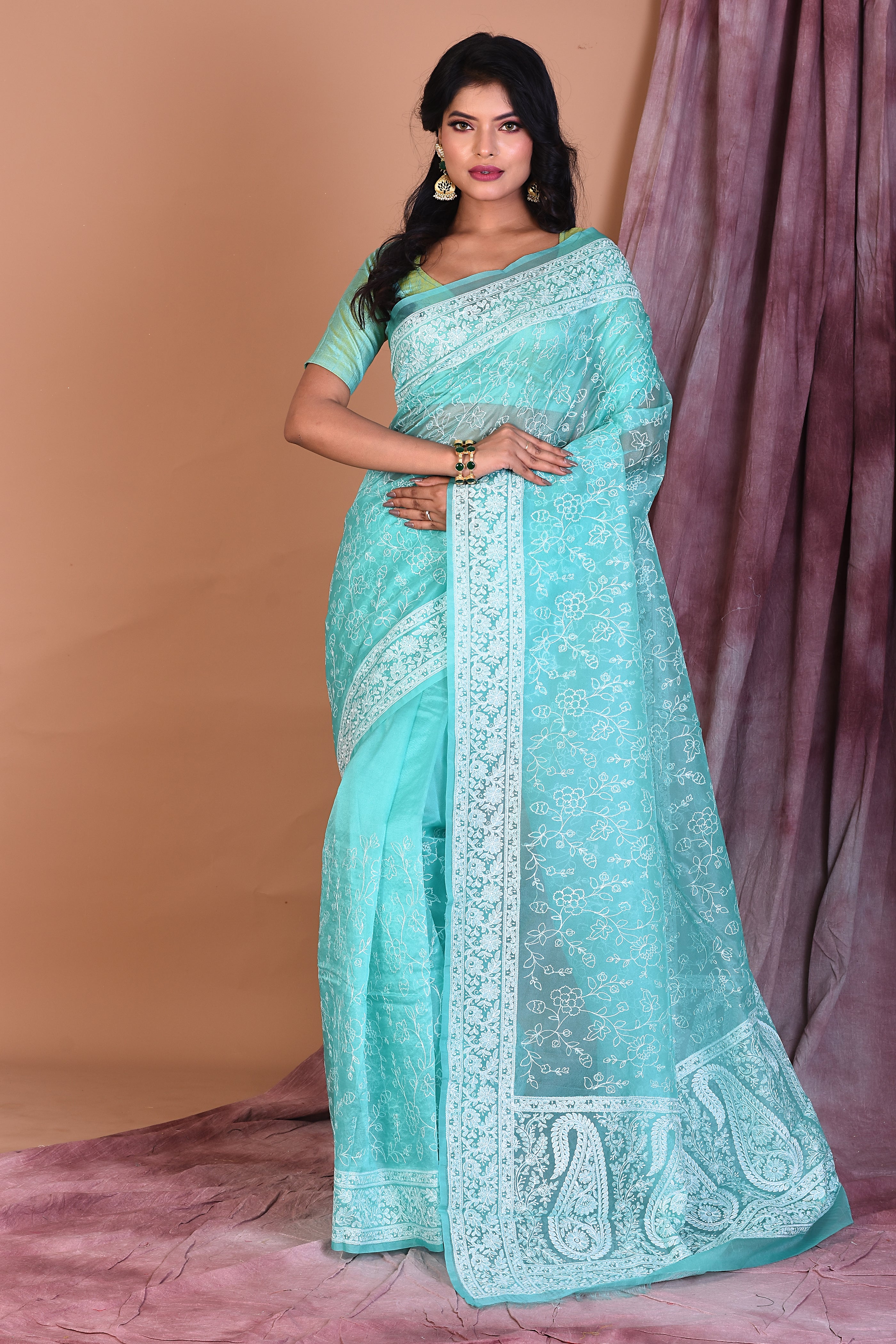 Sea Green Blended Organza Saree with Threadwork - Keya Seth Exclusive