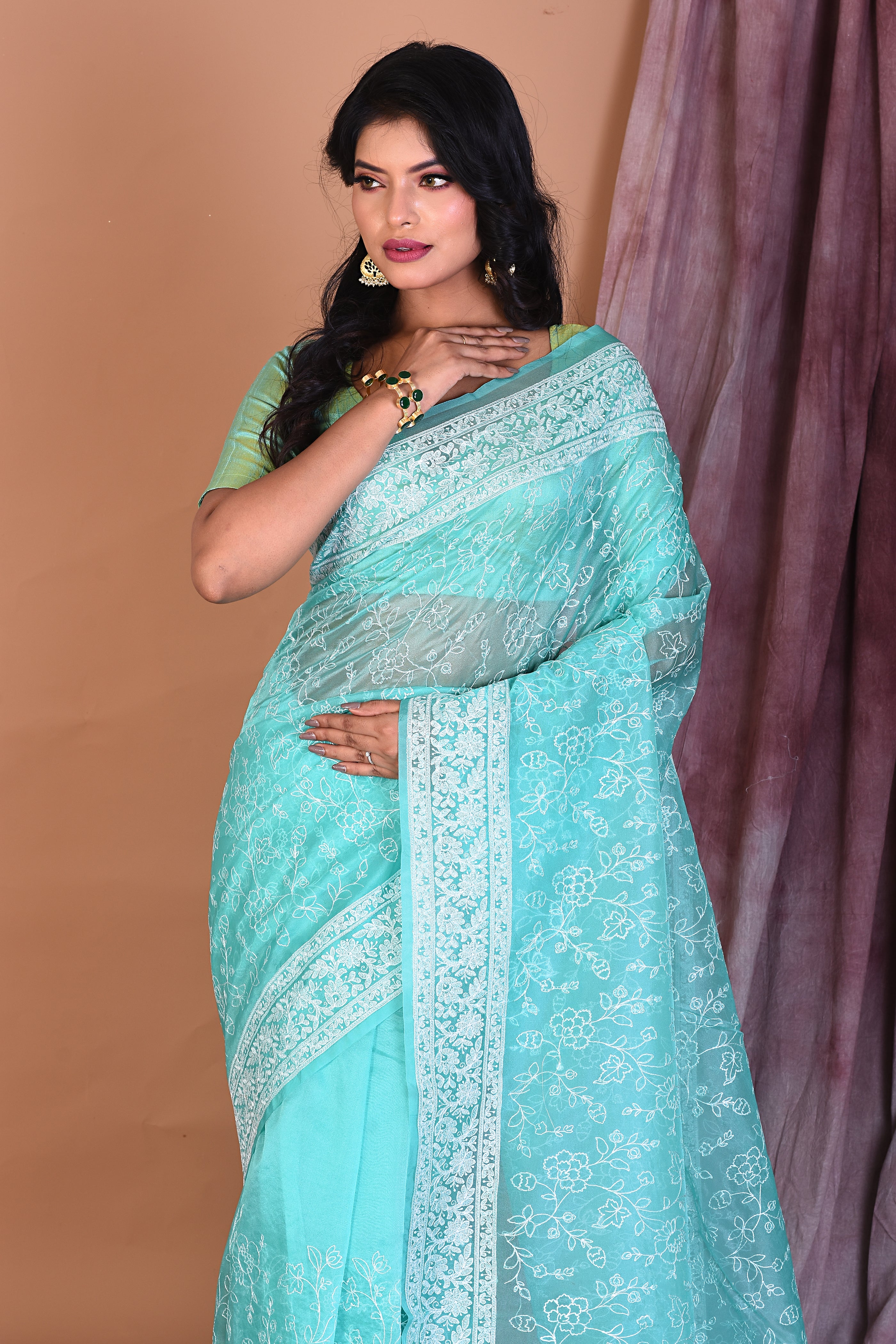 Sea Green Blended Organza Saree with Threadwork - Keya Seth Exclusive