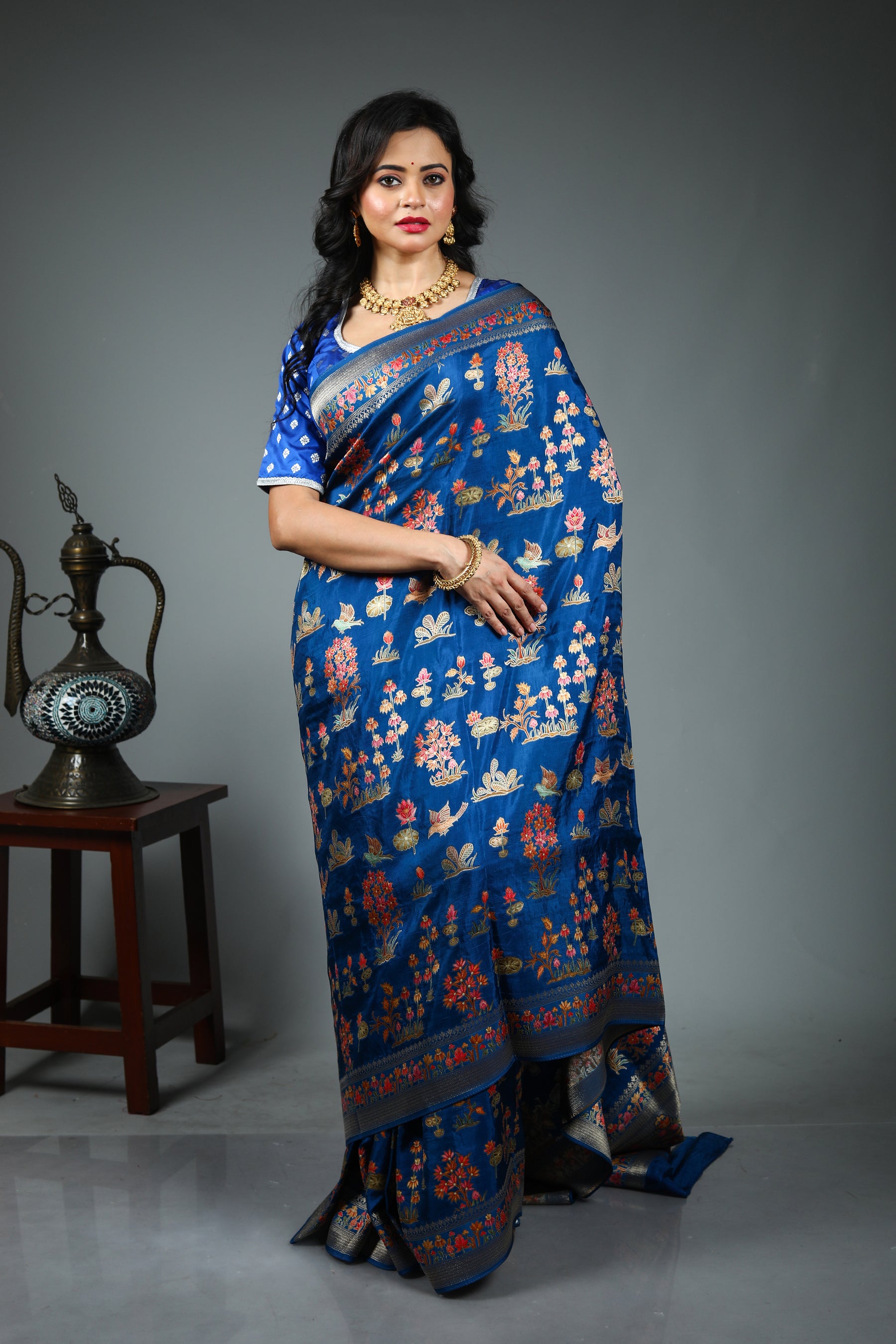 Blue Blended Printed Silk Saree