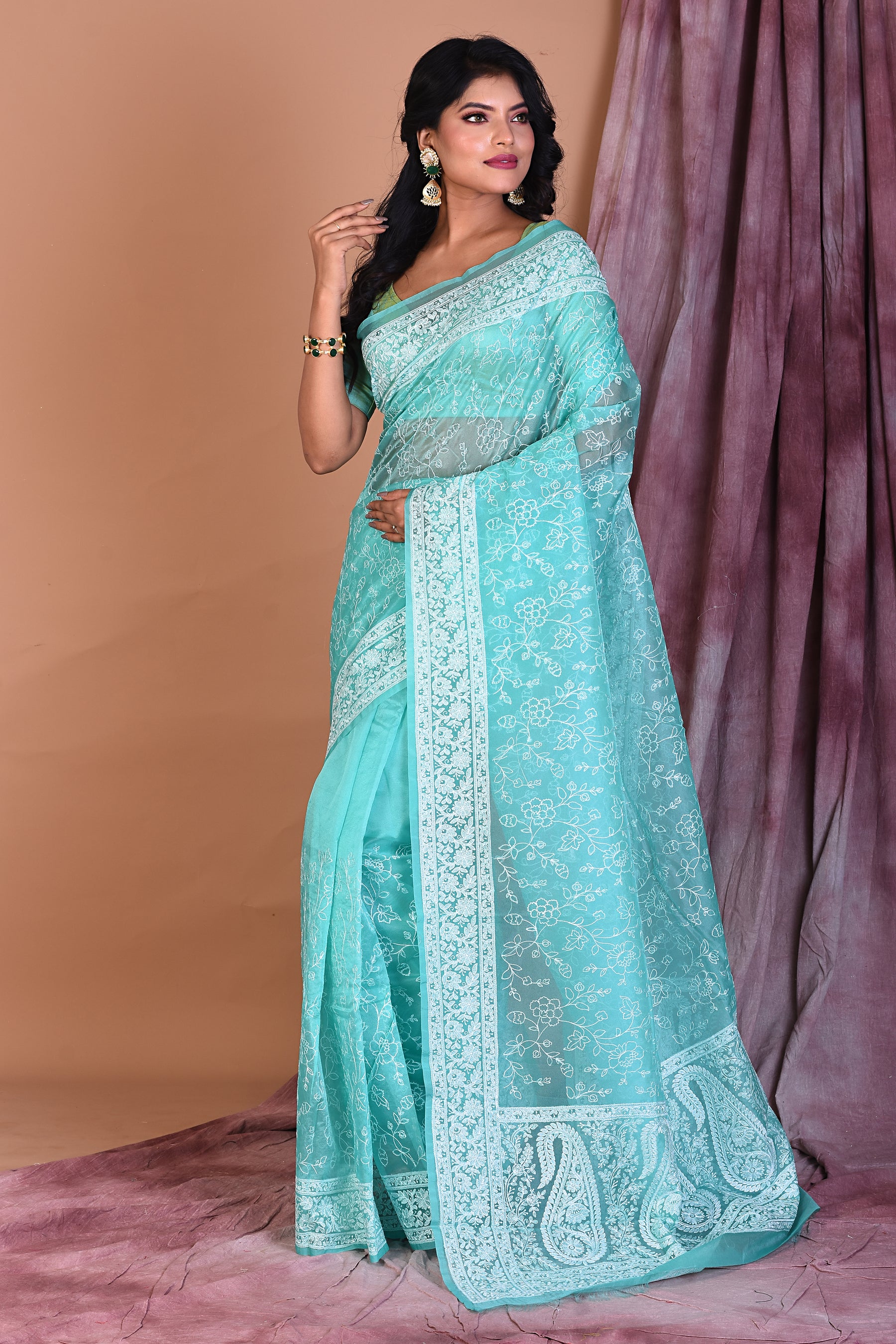 Sea Green Blended Organza Saree with Threadwork - Keya Seth Exclusive