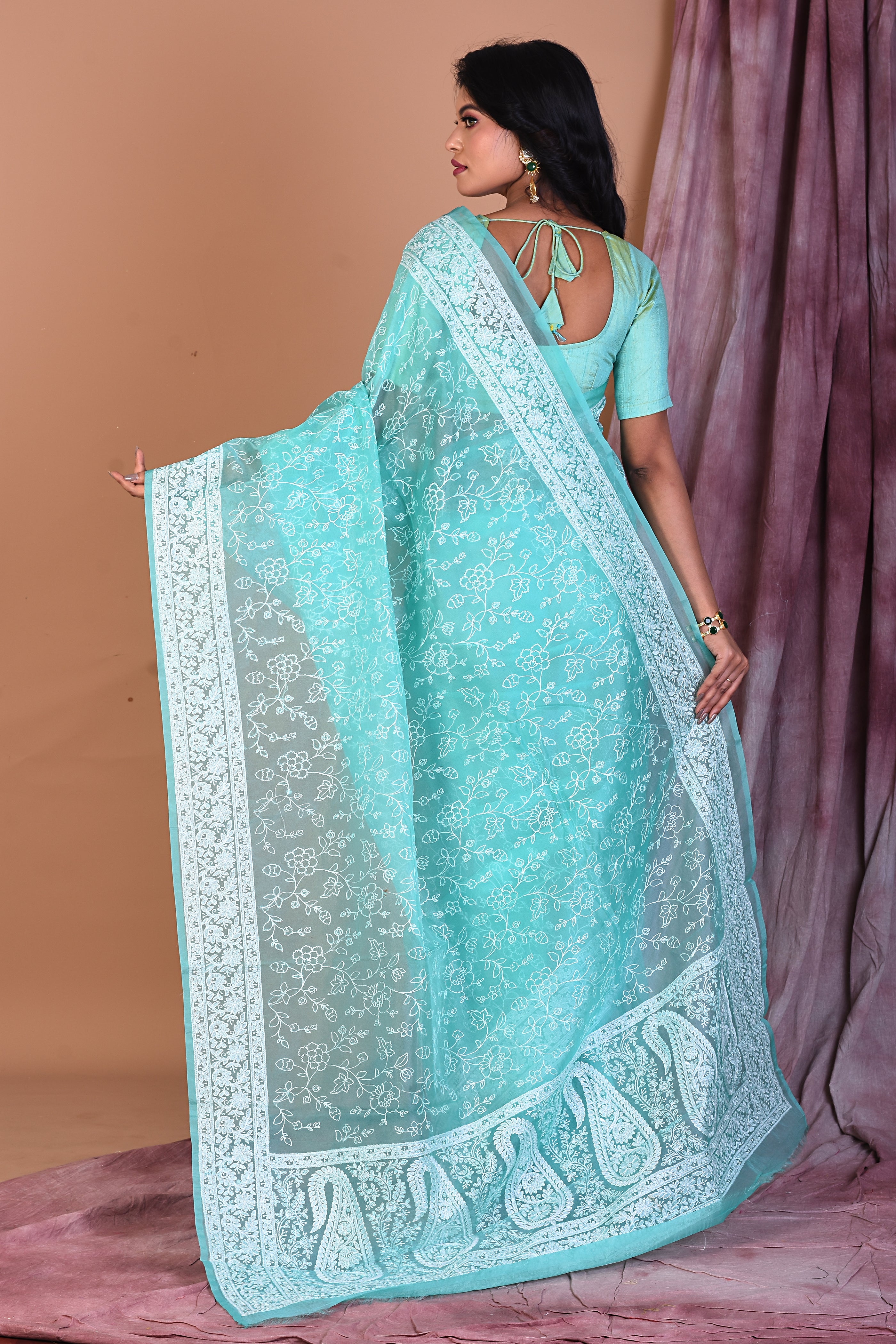 Sea Green Blended Organza Saree with Threadwork - Keya Seth Exclusive