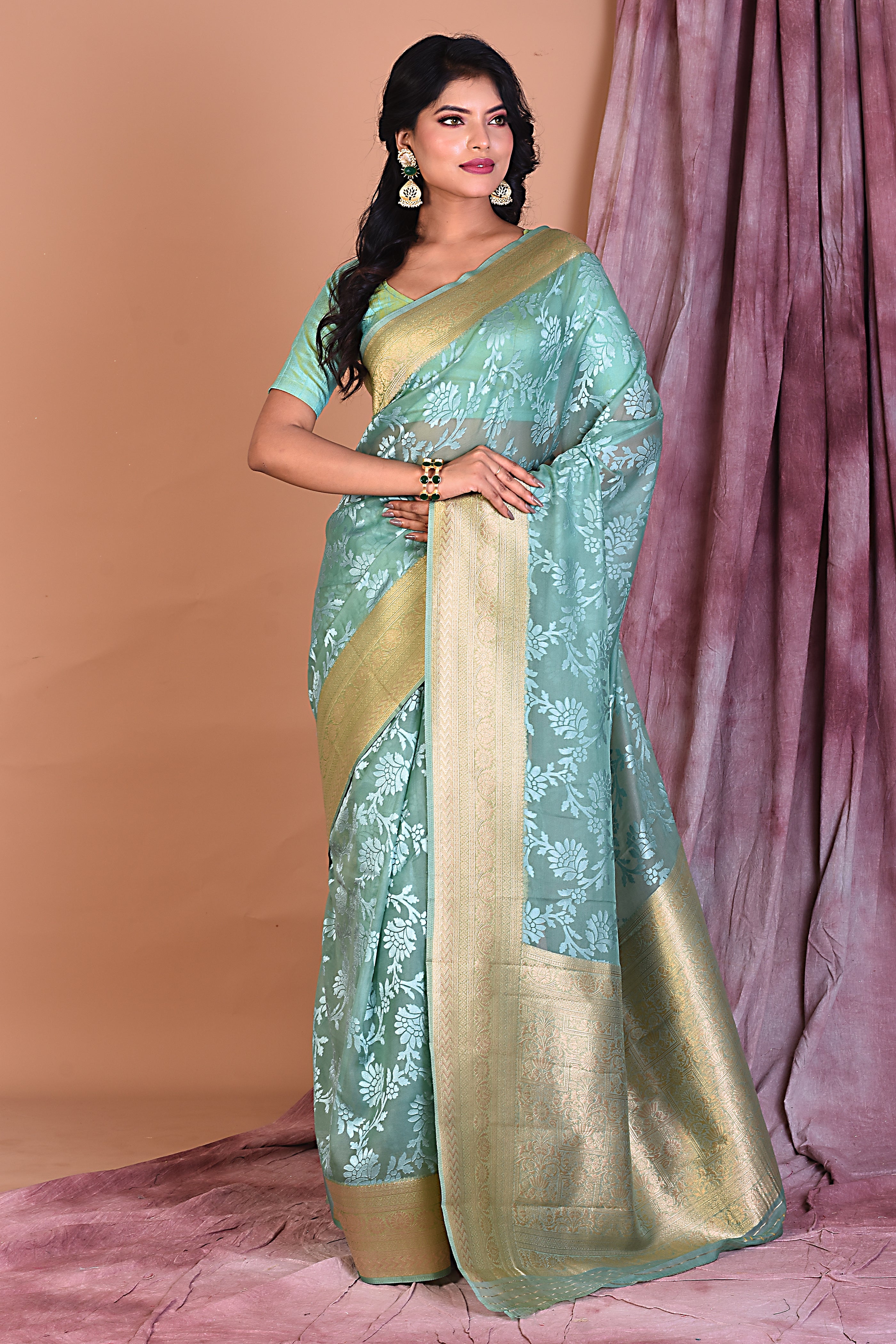 Sea Green Blended Organza Saree with Zari Work - Keya Seth Exclusive