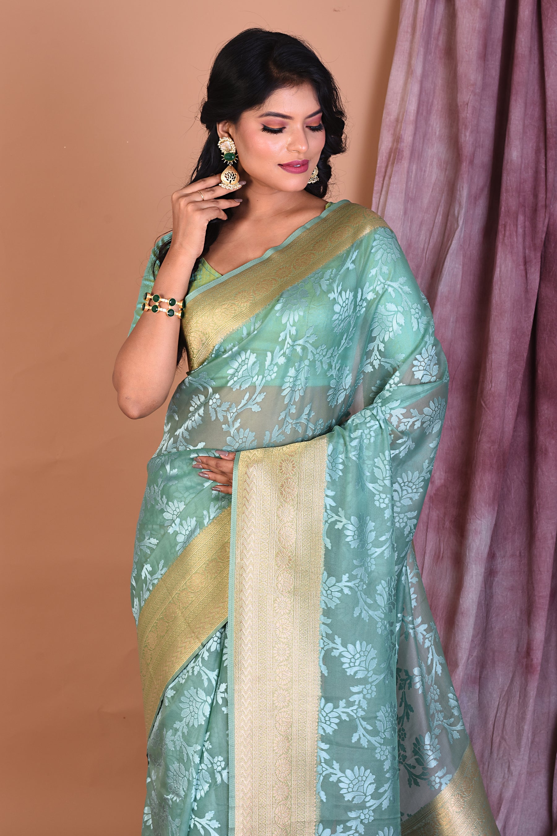 Sea Green Blended Organza Saree with Zari Work - Keya Seth Exclusive