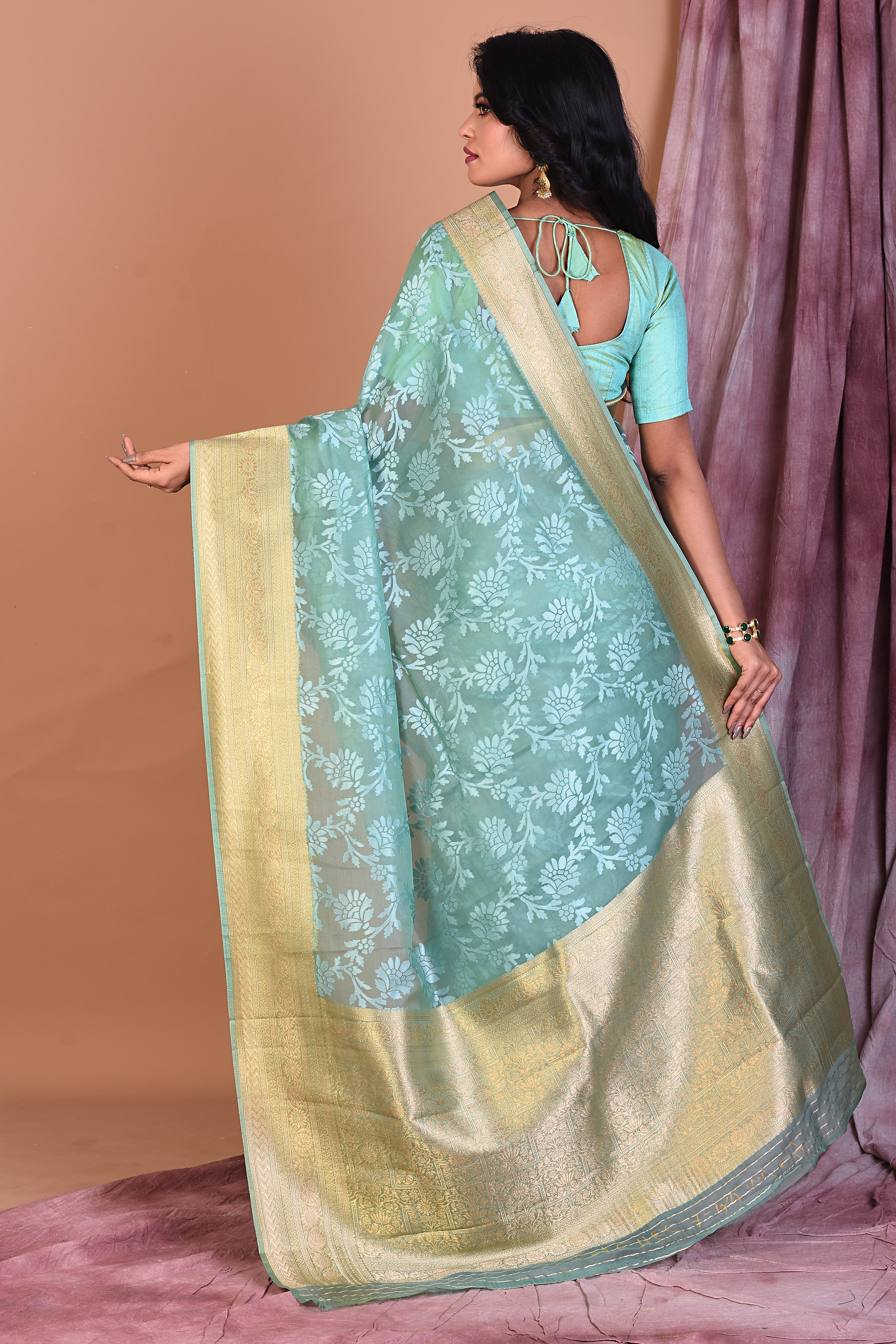 Sea Green Blended Organza Saree with Zari Work - Keya Seth Exclusive