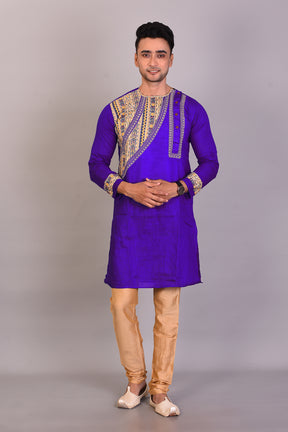 Long Royal Blue Silk Kurta with Full Sleeves