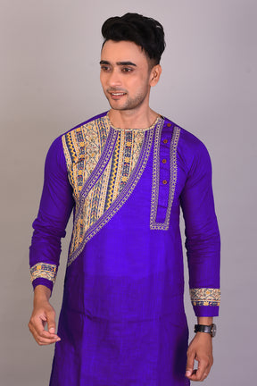 Long Royal Blue Silk Kurta with Full Sleeves