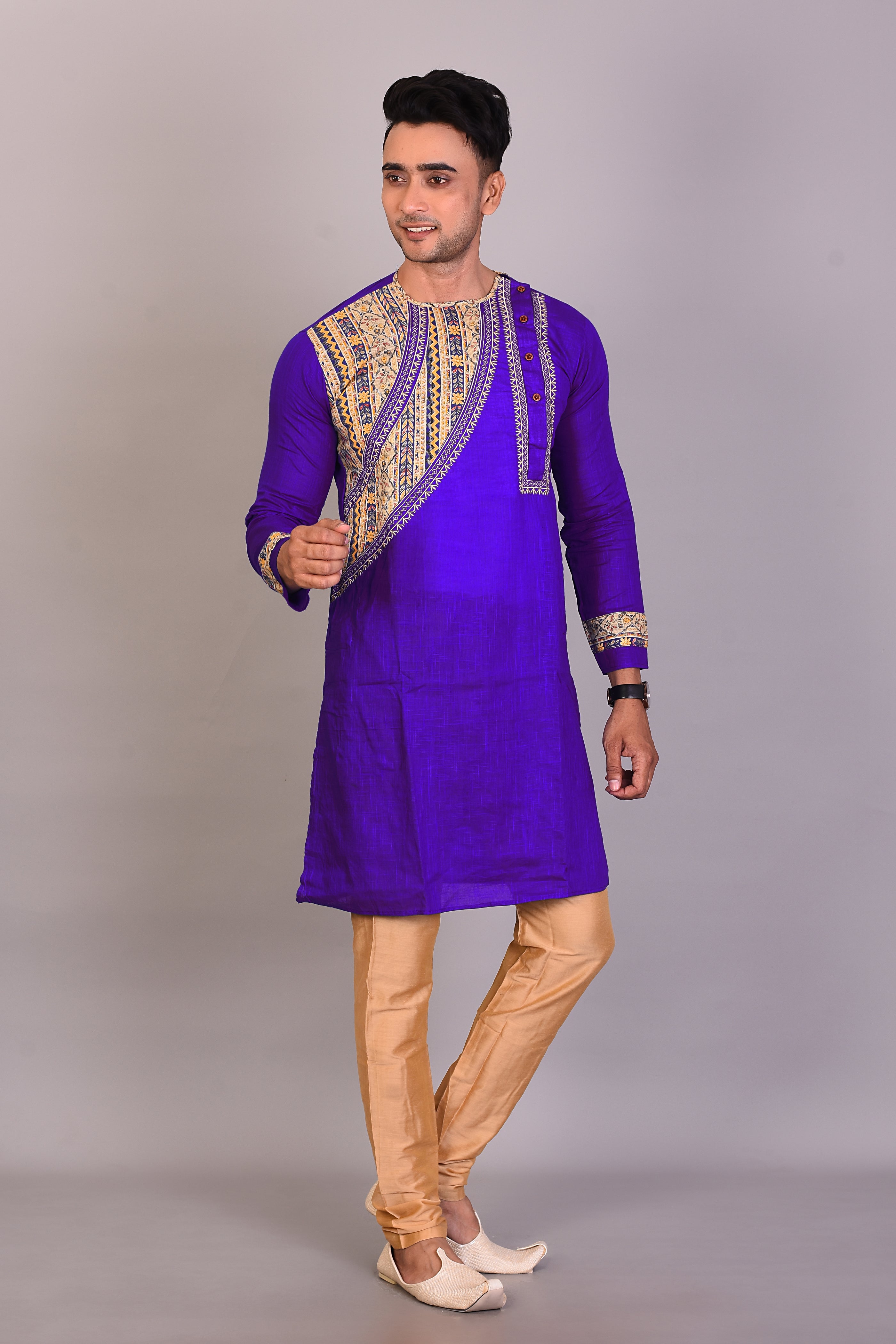 Long Royal Blue Silk Kurta with Full Sleeves