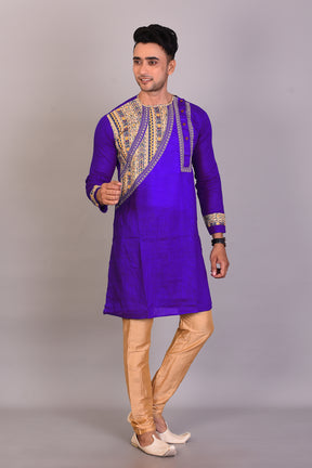 Long Royal Blue Silk Kurta with Full Sleeves