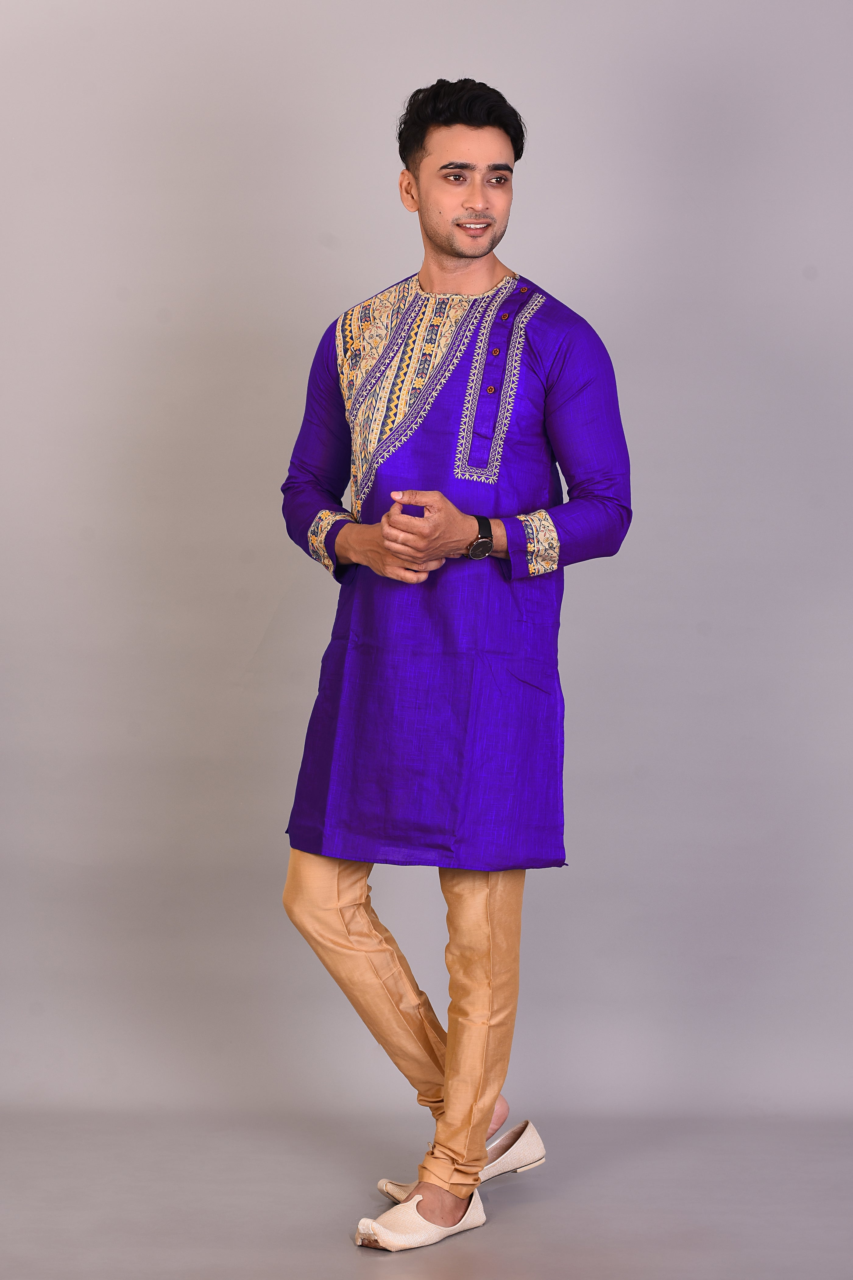 Long Royal Blue Silk Kurta with Full Sleeves